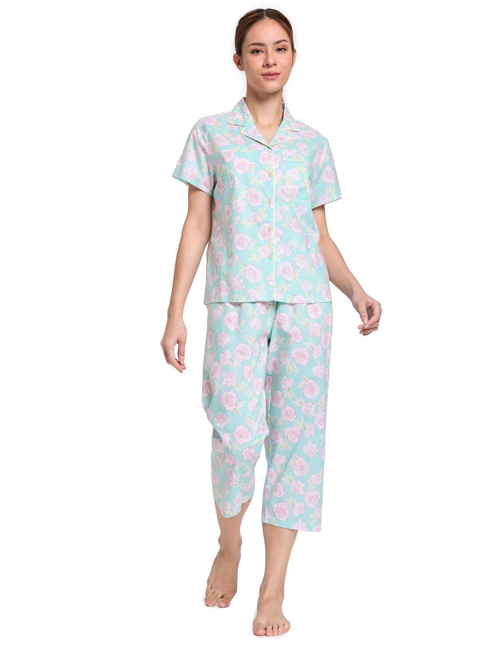 CLAUDIA'S ROMANCE Women Pajamas Set Hawaiian Shirt Short Sleeves + 5-Part Pants Green