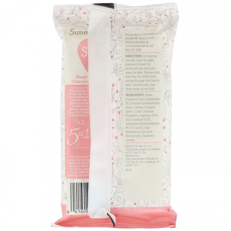 Summer's Eve, Sheer Floral, салфетки для интимной гигиены 5 в 1, 32 штуки