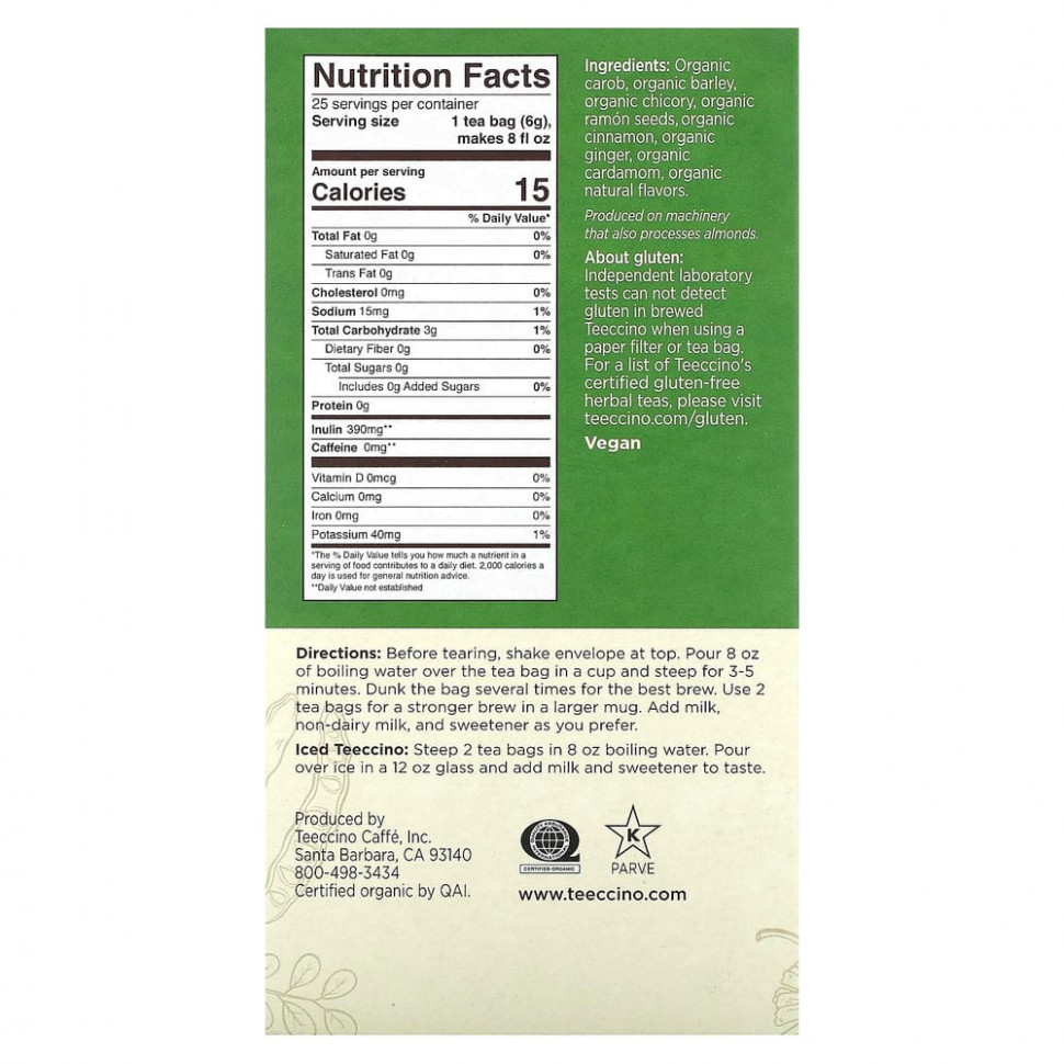 Teeccino, Органический жареный травяной чай, Maya Chai, без кофеина, 25 чайных пакетиков, 150 г (5,3 унции)