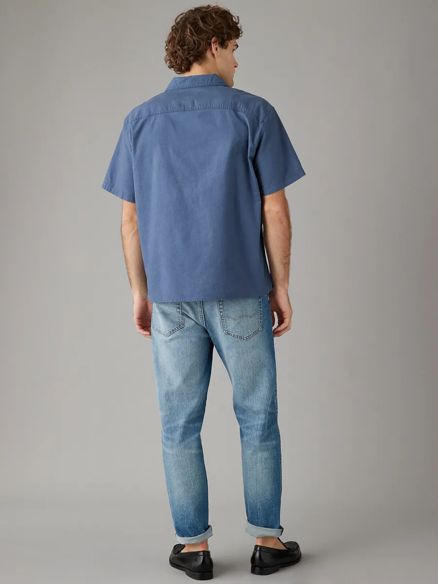 AMERICAN EAGLE MEN BUNGALOW NAVY SS OVERSIZED CAMP COLLAR PC DYE STRETCH OXFORD 436 ROCKY BLUE