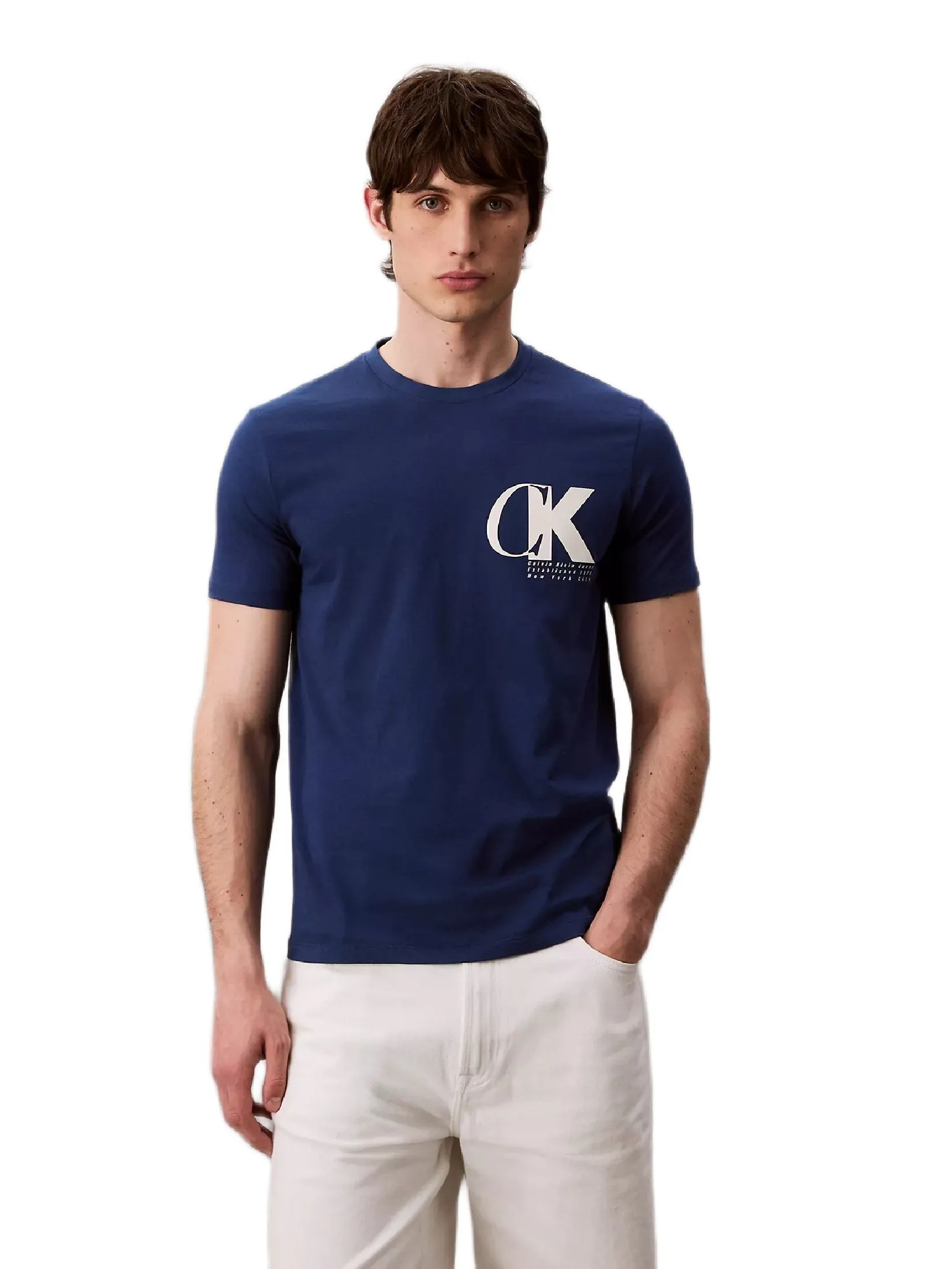 CALVIN KLEIN Men's Monogram Logo Macro Sport Graphic Classic T-Shirt Deep Blue