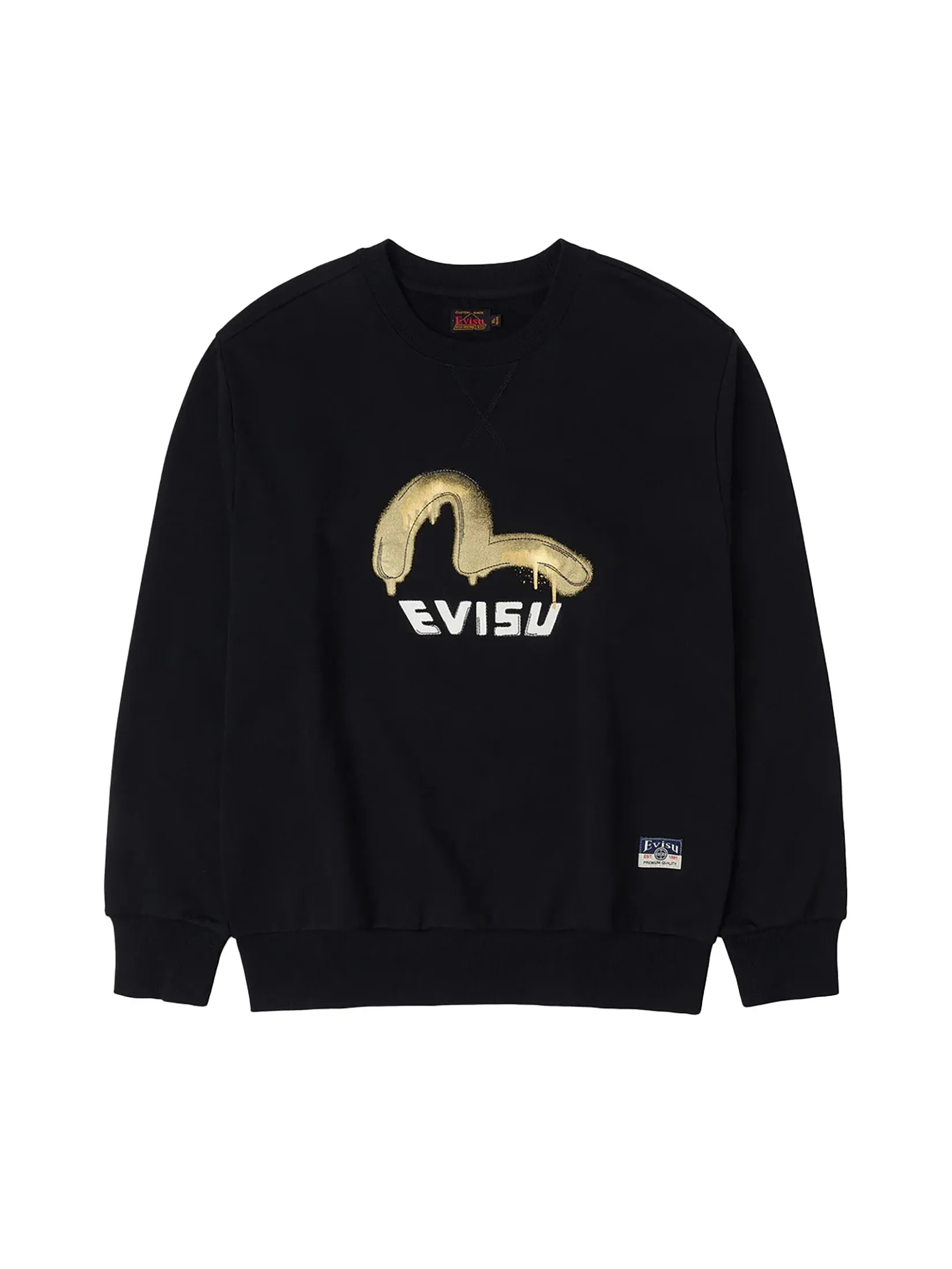 EVISU Men Sweatshirt Graffiti Seagull Print and Sashiko Relax Fit Black