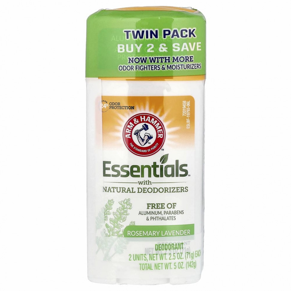 Arm & Hammer, Essentials с натуральными дезодорантами, дезодорант, розмарин и лаванда, 2 упаковки по 71 г (2,5 унции)