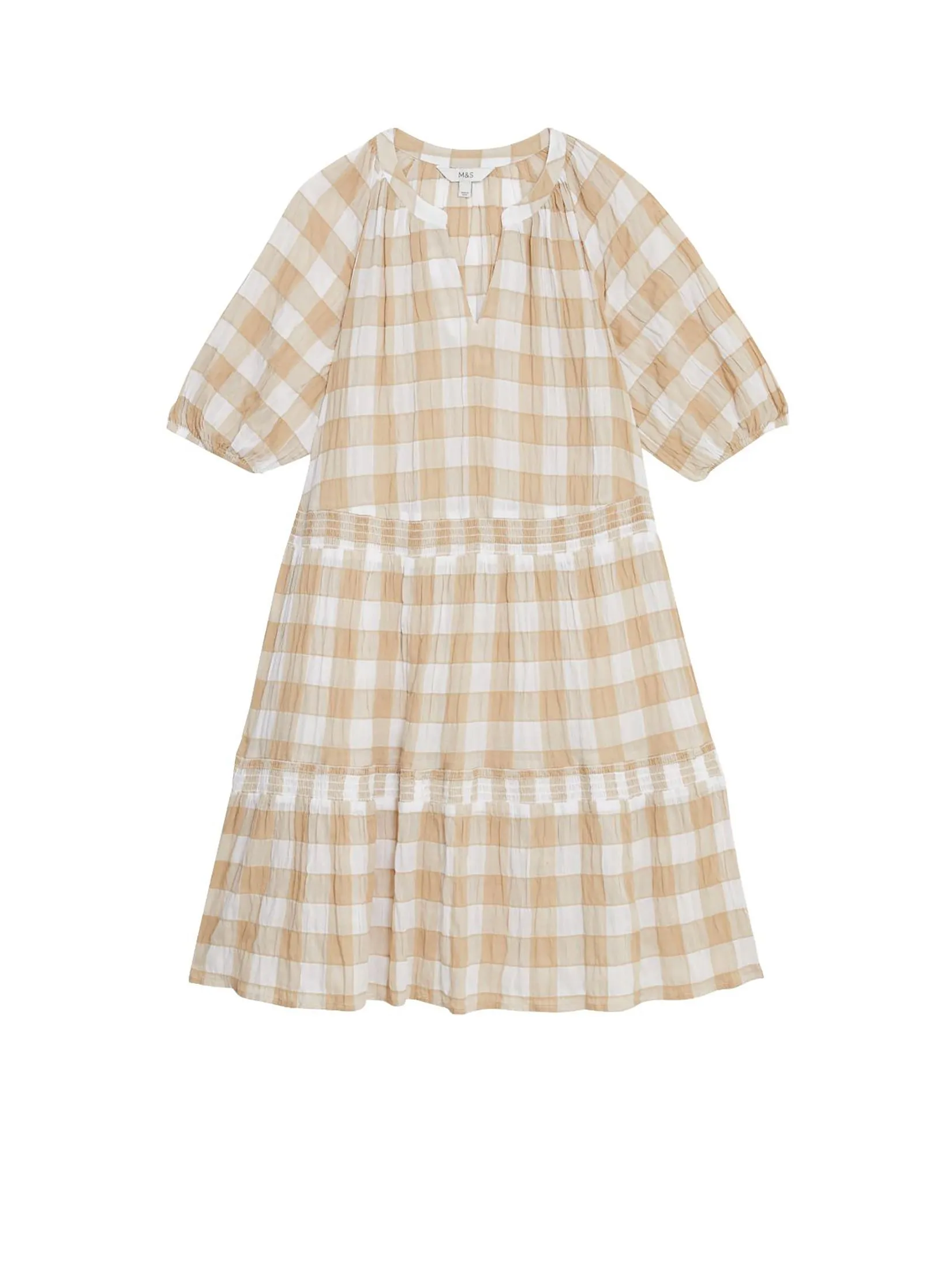MARKS & SPENCER Women Mini Tiered Dress Cotton Rich Checked Natural Mix