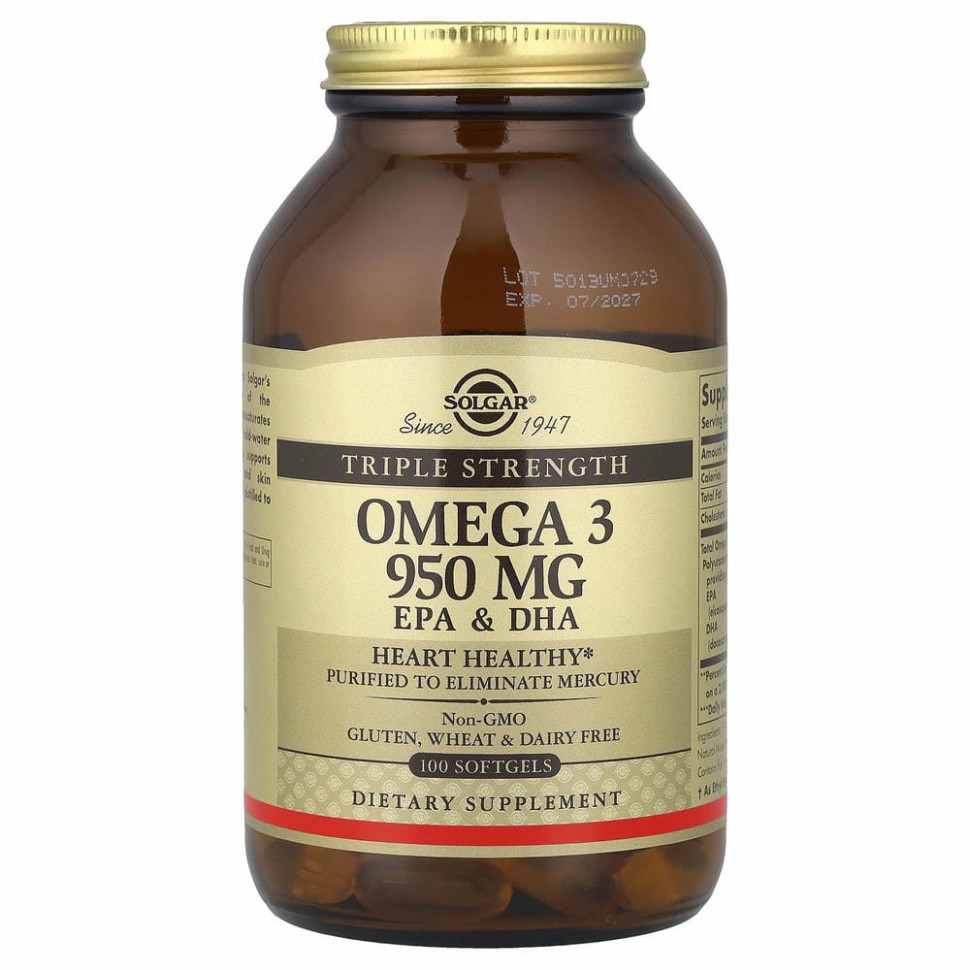Solgar, омега-3, ЭПК и ДГК, тройной концентрации, 950 мг, 100 капсул