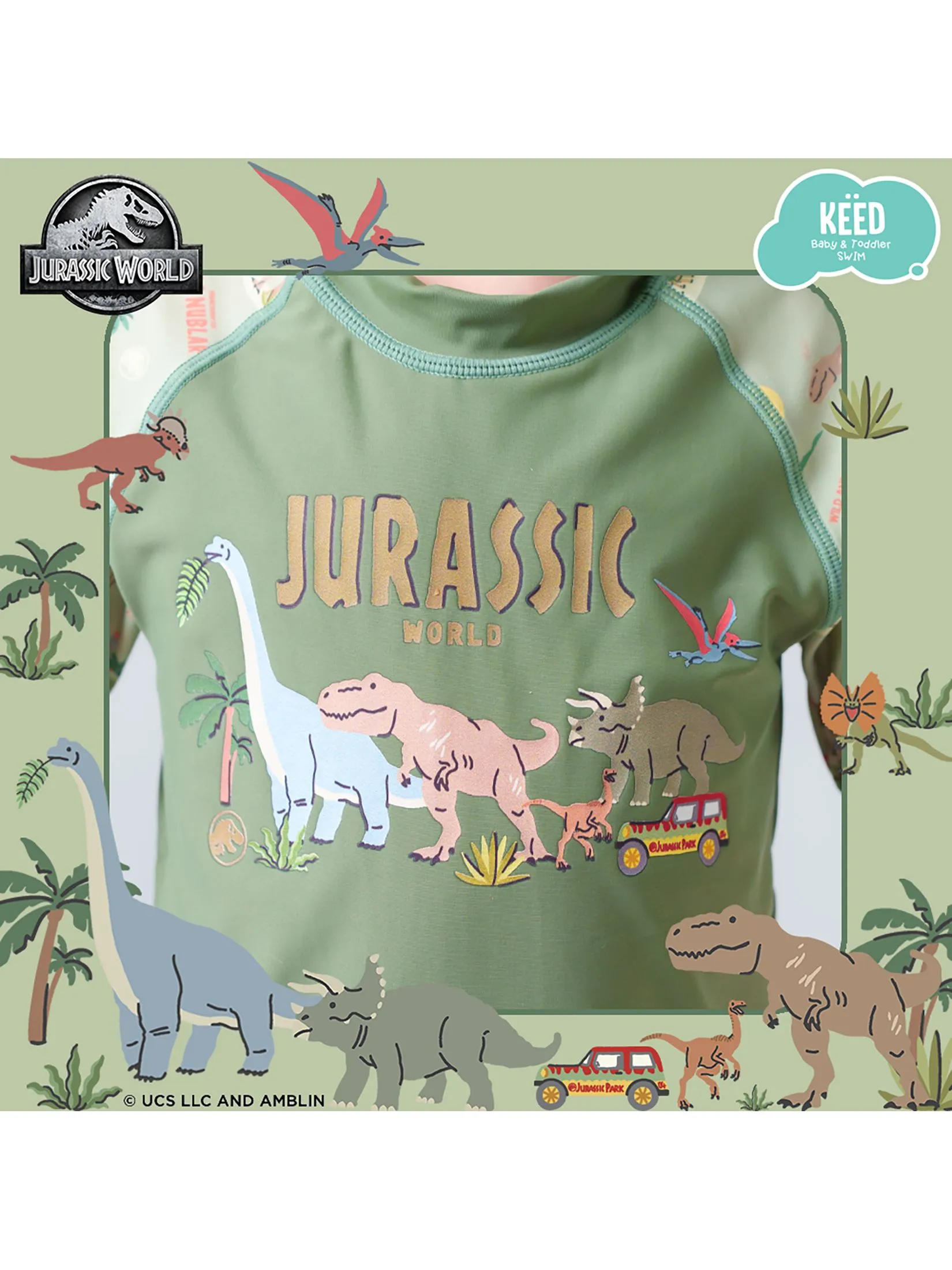 KEED Boy Swimming Set Rashguard Short Sleeves + Shorts Jurassic World Khaki Green