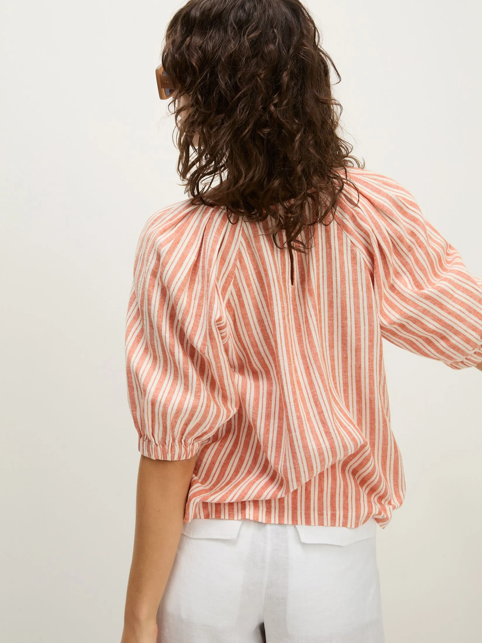 MARKS & SPENCER Women Blouse Linen Rich Striped Puff Sleeve Marmalade