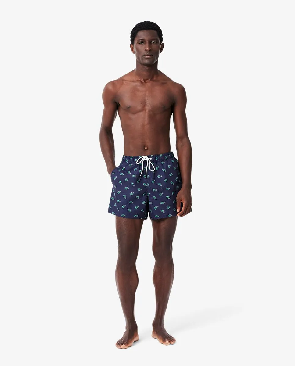 LACOSTE Crocodile Print Swim Trunks Blue
