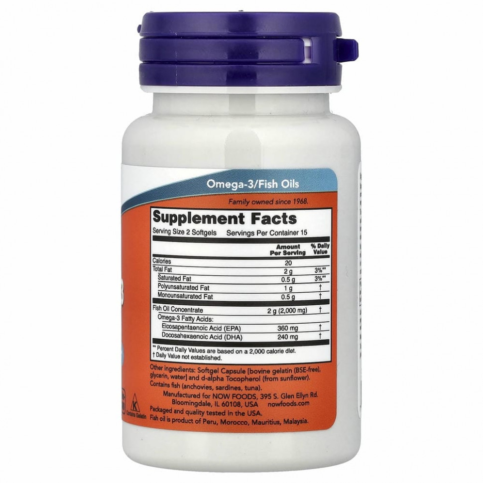 NOW Foods, жирные кислоты омега-3, 180 ЭПК / 120 ДГК, 30 капсул