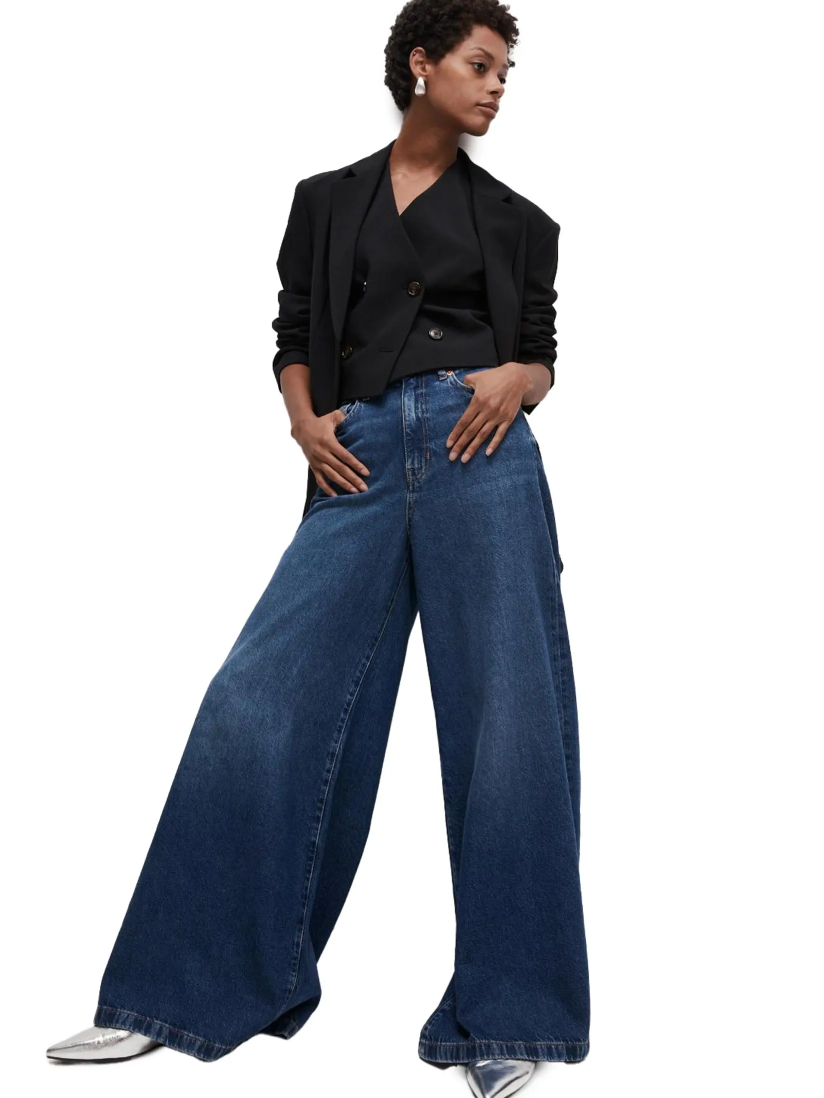 MARKS & SPENCER Women Jeans Lyocell Blend Wide Palazzo Leg Dark Indigo