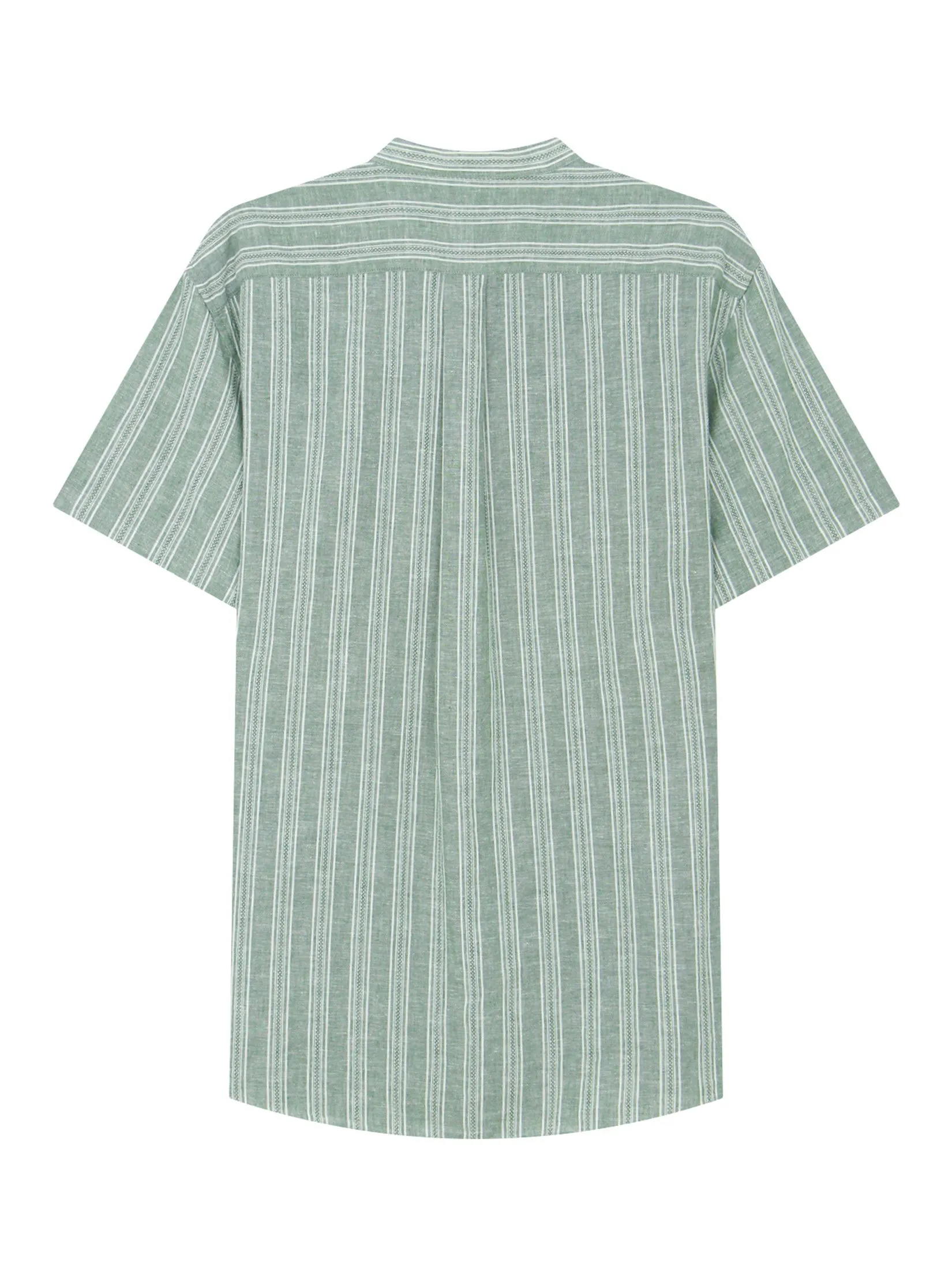 GIORDANO Men's Slim Mandarin Collar Linen Shirt Green x White Dobby