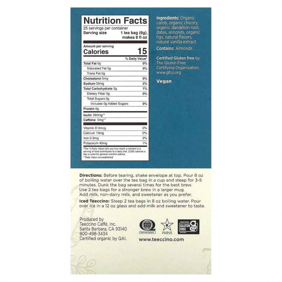 Teeccino, Жареный травяной чай, одуванчик, ваниль, орехи, без кофеина, 25 чайных пакетиков, 150 г (5,3 унции)