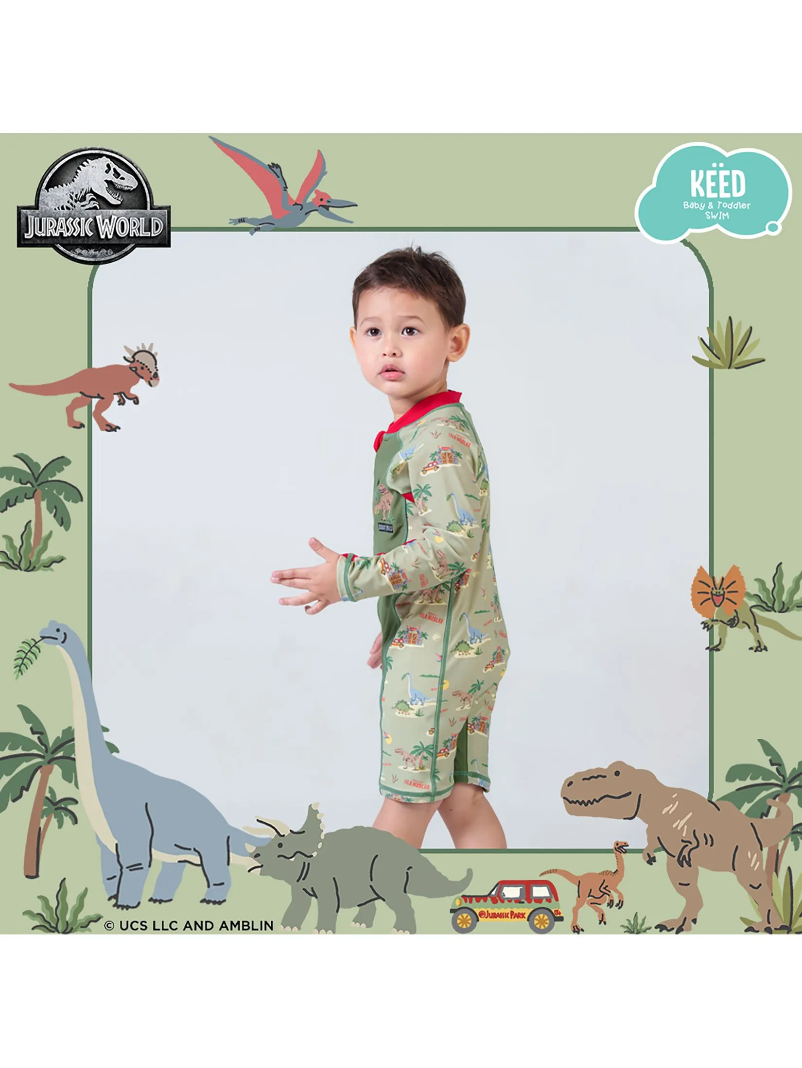 KEED Boy Swimsuit Long Sleeves Jurassic World Khaki Green