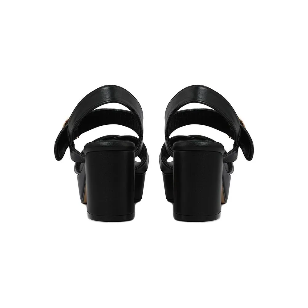 SIRENA Black Leather Sandals Open Toe Blocked Heel 2.7 inch Anna Size - 35 EU