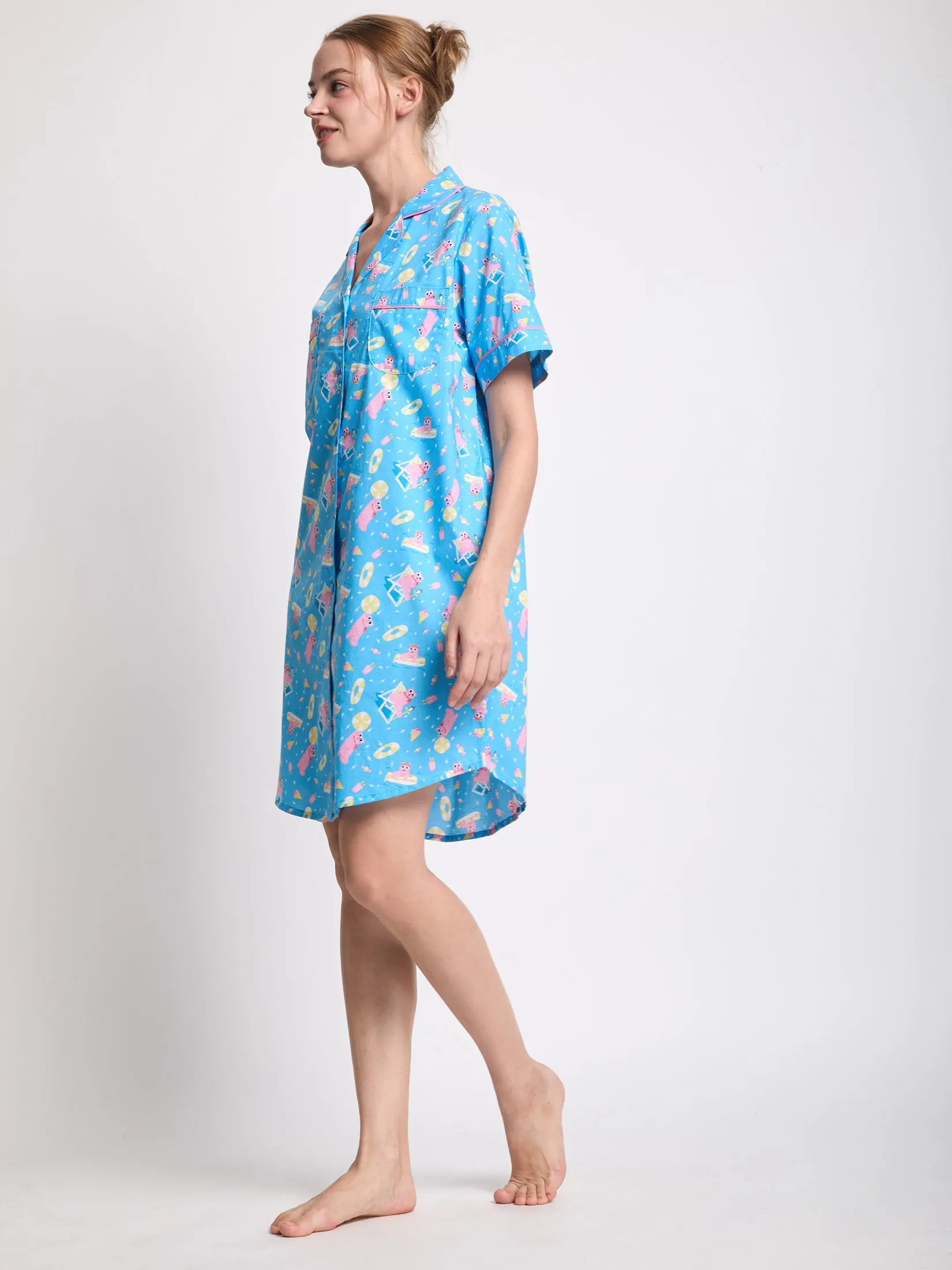 FOF Women Night Dress Cat Print Blue