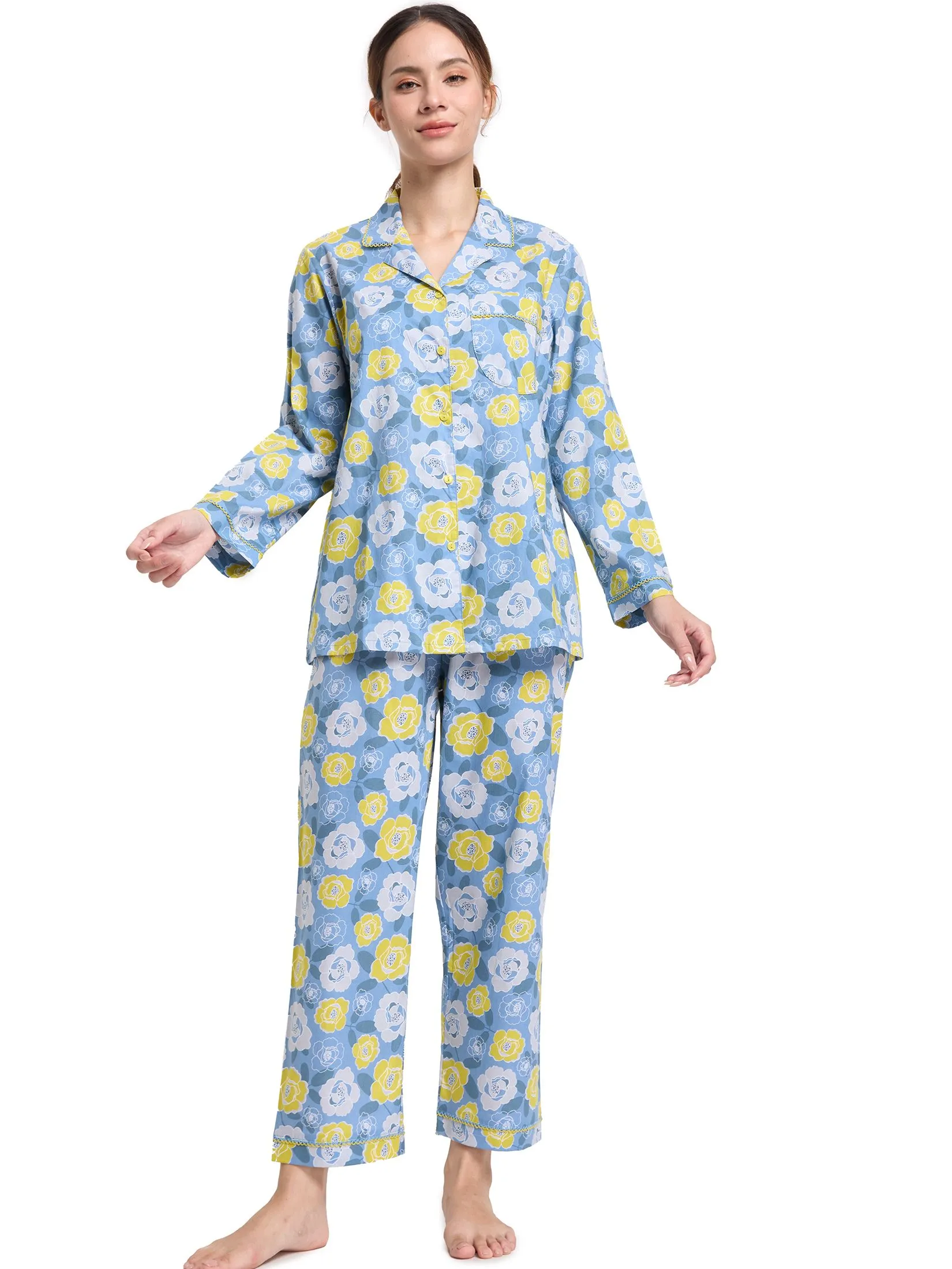 CLAUDIA'S ROMANCE Women Pyjamas Shirt Long Sleeves + Pants Floral Print Light Blue