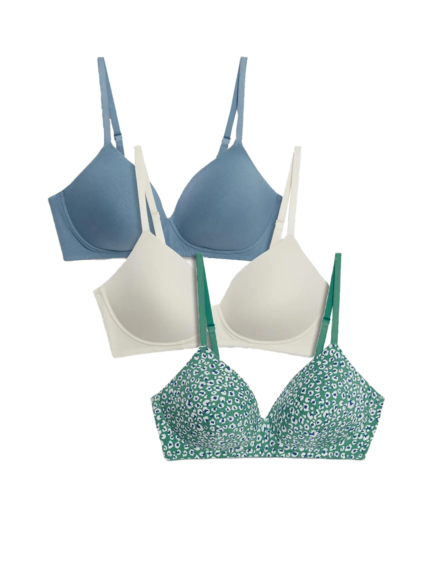 MARKS & SPENCER Women T-Shirt Bra 3pk Cotton Non Wired Full Cup Sea Green
