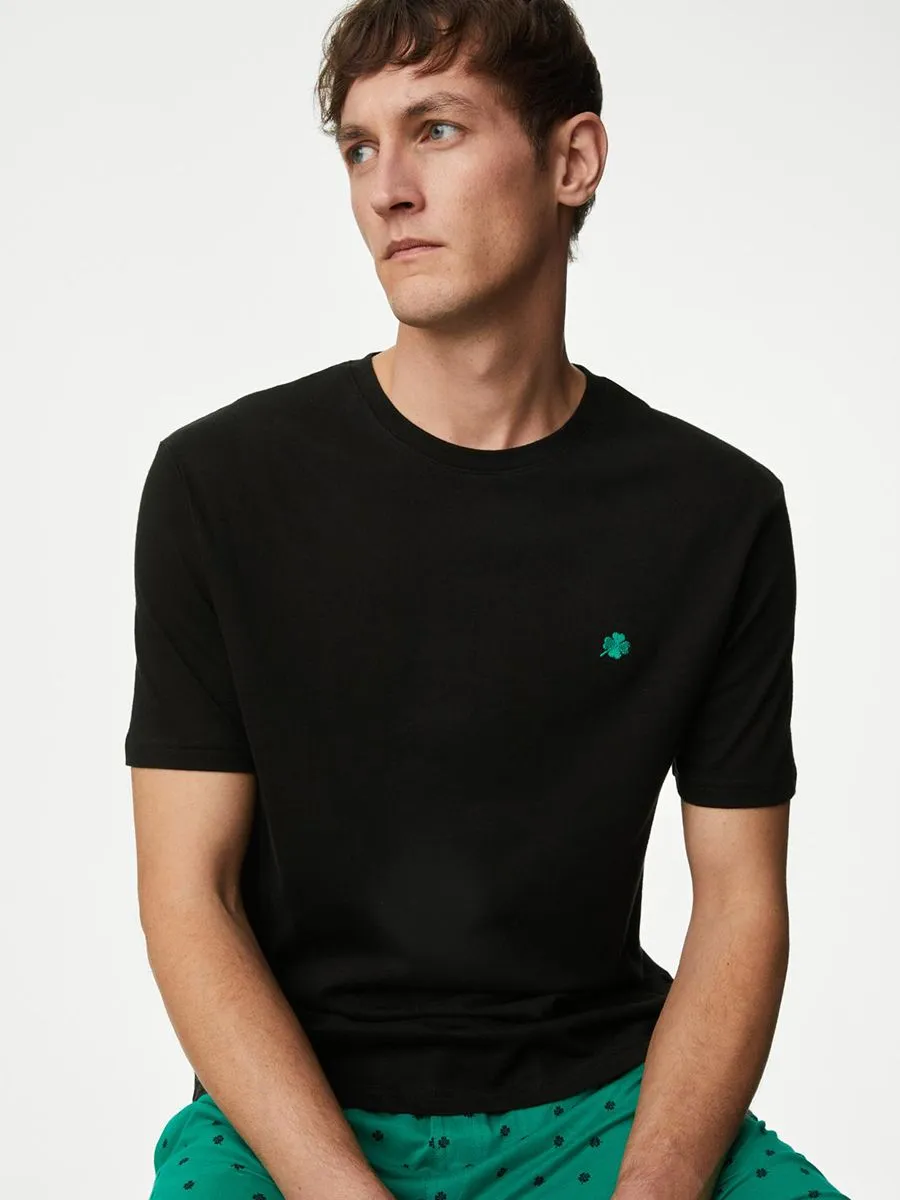 MARKS & SPENCER Men Pyjama Set T-Shirt Short Sleeves + Shorts Pure Cotton Clover Printed J4_Green Mix