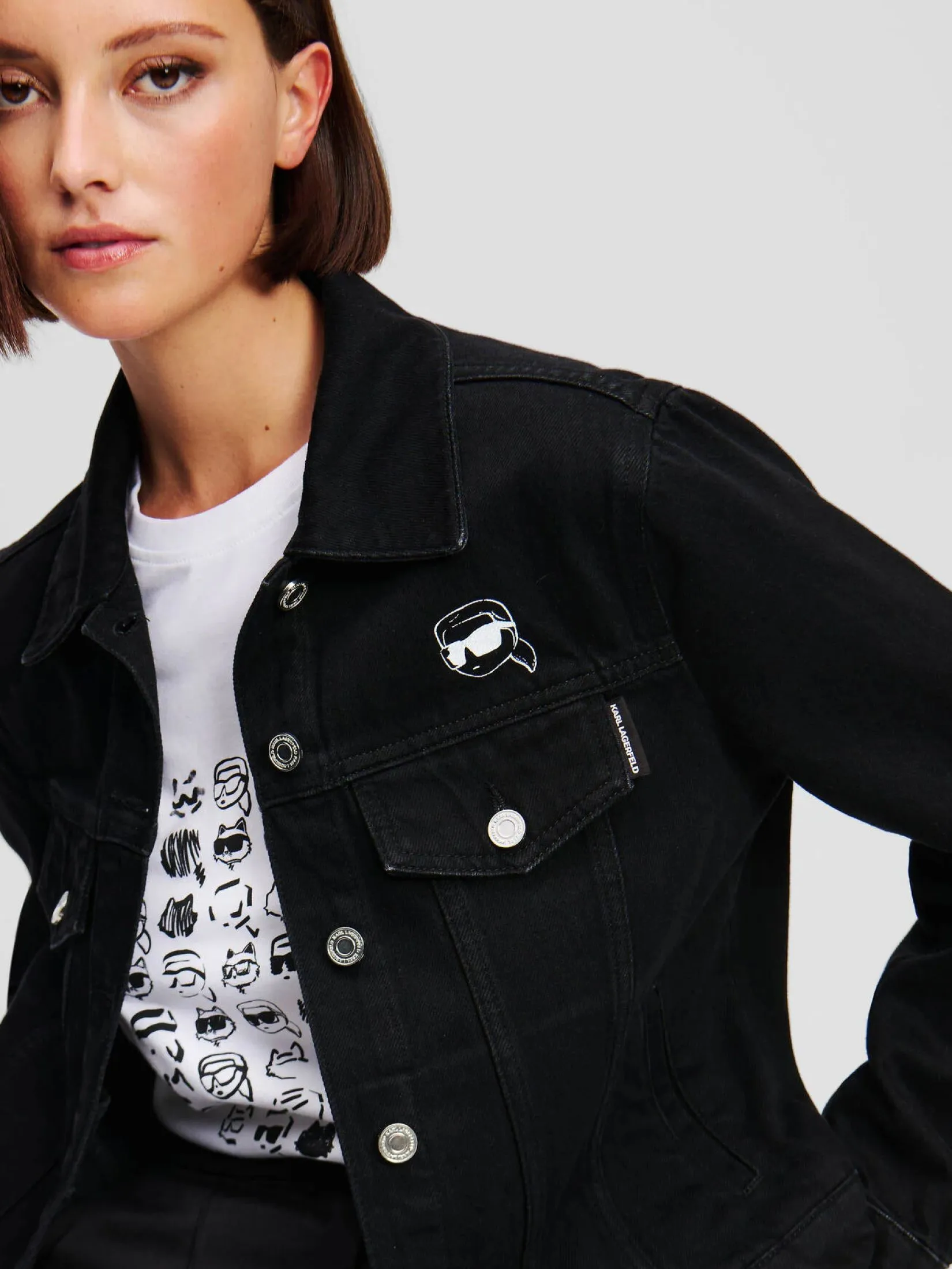 KARL LAGERFELD IKON PRINT DENIM JACKET BLACK DENIM