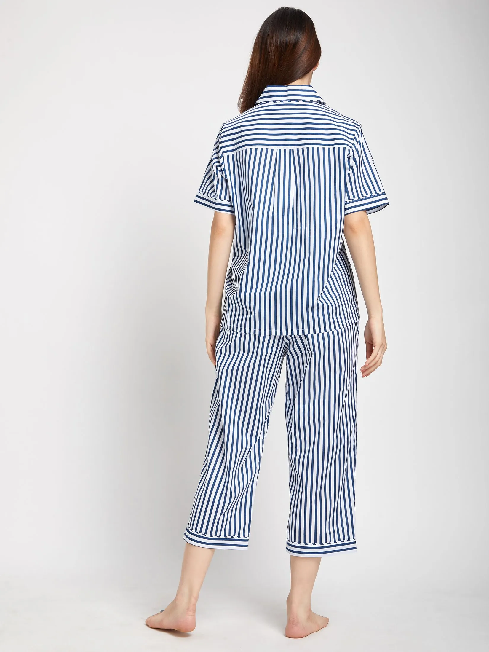 CLAUDIA'S ROMANCE Women Pyjamas Shirt Short Sleeves Collar + Cropped Pants Striped Print Multi-Color