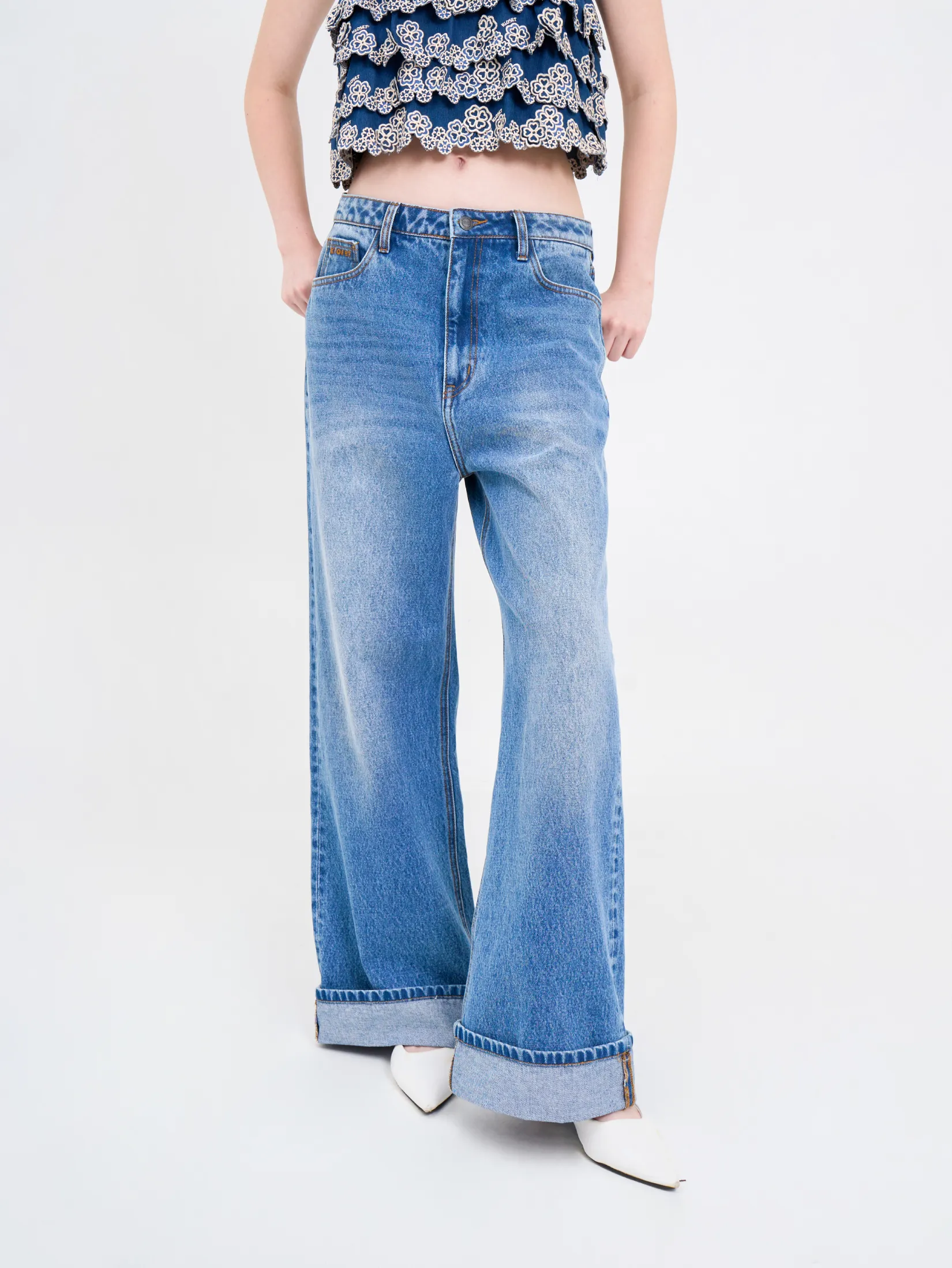 KLOSET (ฺBS25) Women Wide Leg Turn-Up Jeans