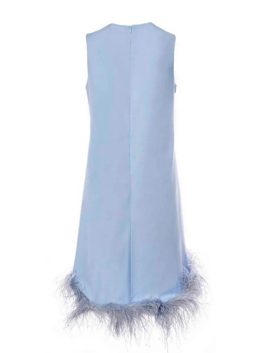 SENADA WOMEN PLUNGE NECK FUR TRIMMED LIGHT BLUE DRESS