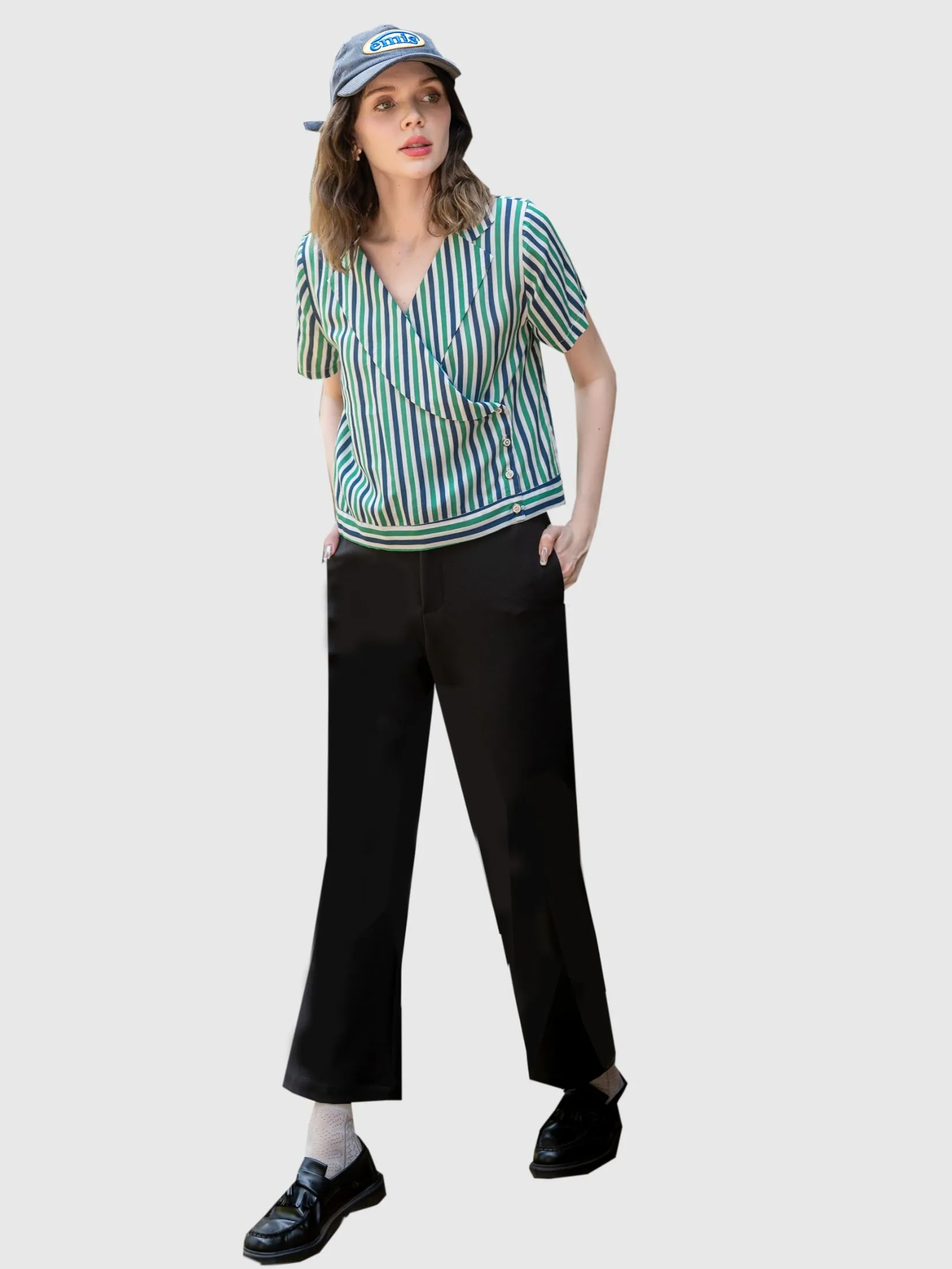 AMILA Women Blouse Short Sleeves Cotton Print Green