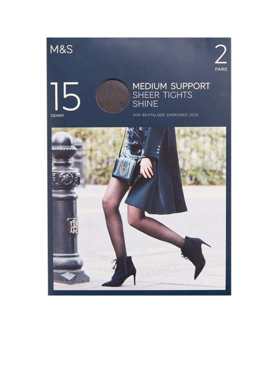MARKS & SPENCER Women Medium Support Sheer Tights 15 Denier 2pk Black