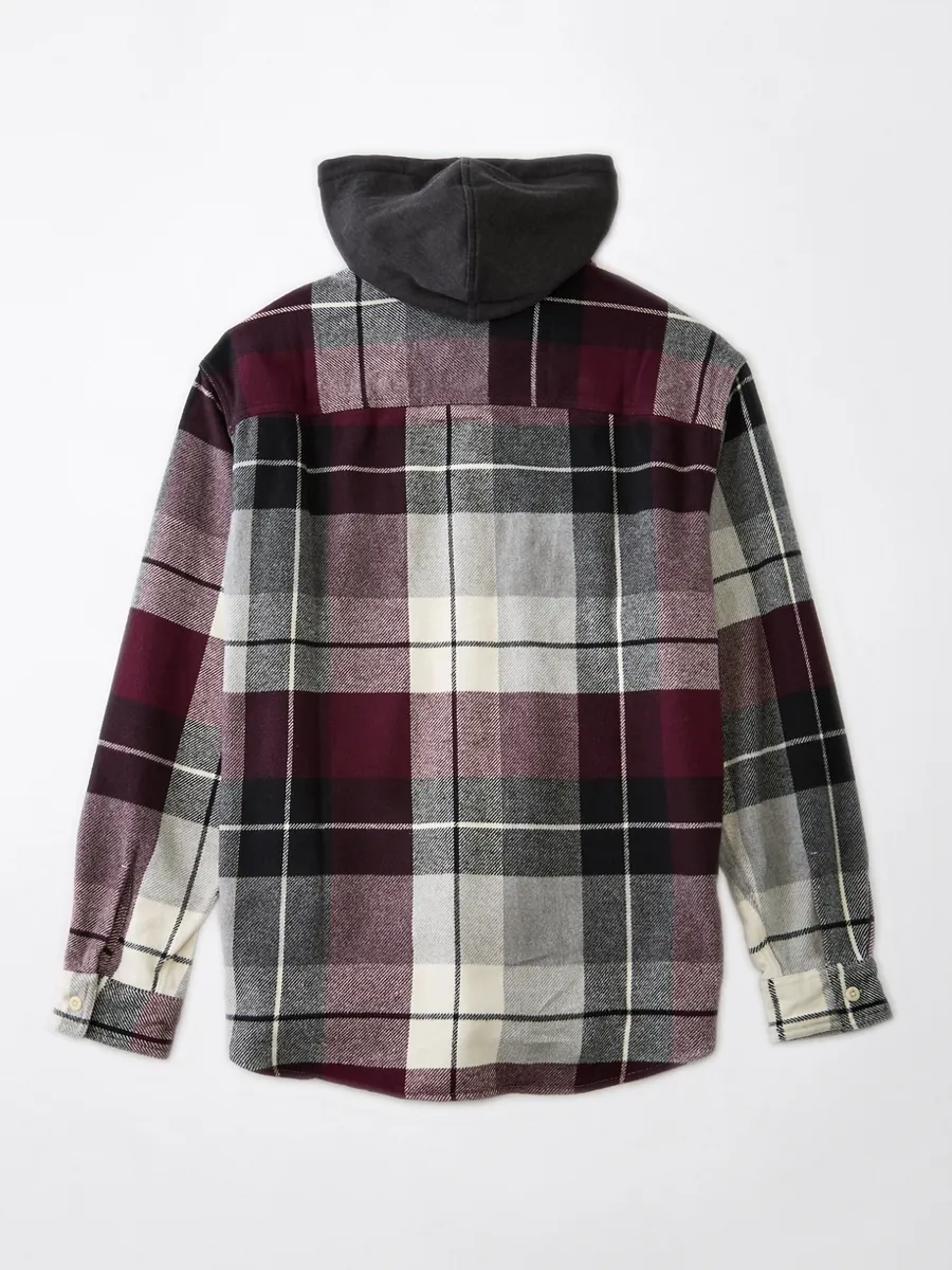 AMERICAN EAGLE MEN JEFFREY PLAID HOODED 3X1 FLANNEL 647 MAROON