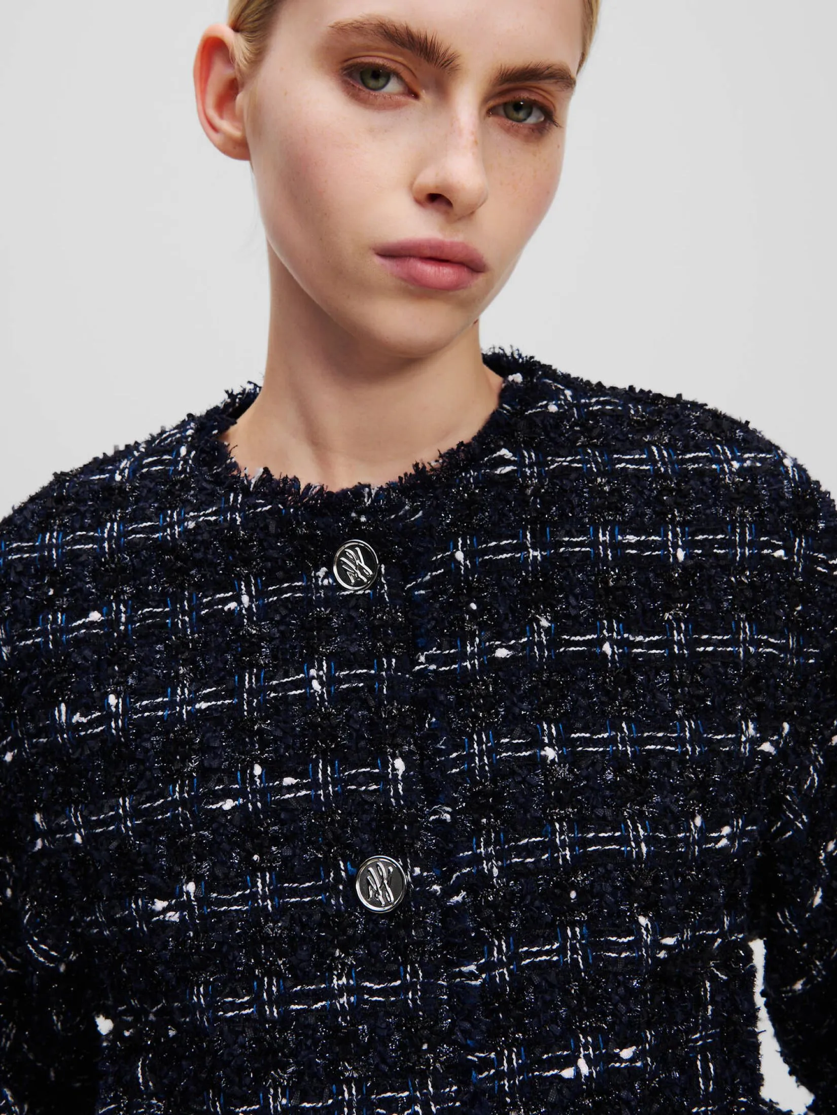 KARL LAGERFELD RTW-1 BOUCLE BOMBER JACKET DARK NAVY BOUCLE