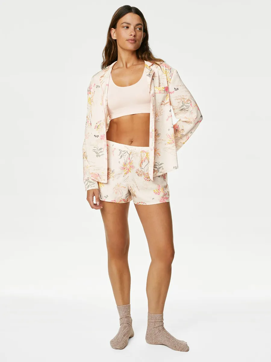 MARKS & SPENCER Women Sleep Pants Flower Printed Dream Satin Ivory Mix