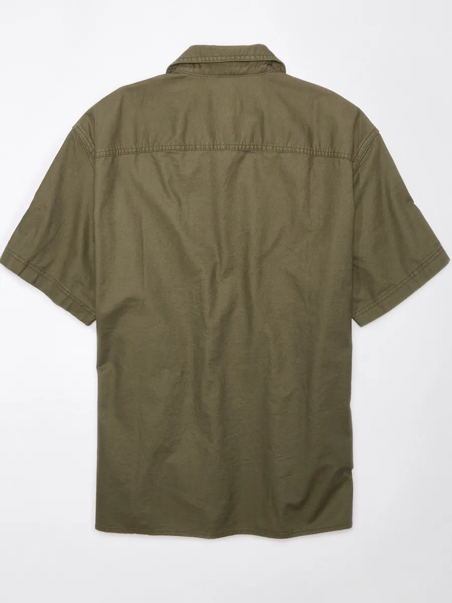 AMERICAN EAGLE MEN OLIVE CLAY SS OVERSIZED CAMP COLLAR PC DYE STRETCH OXFORD 339 HIKER OLIVE