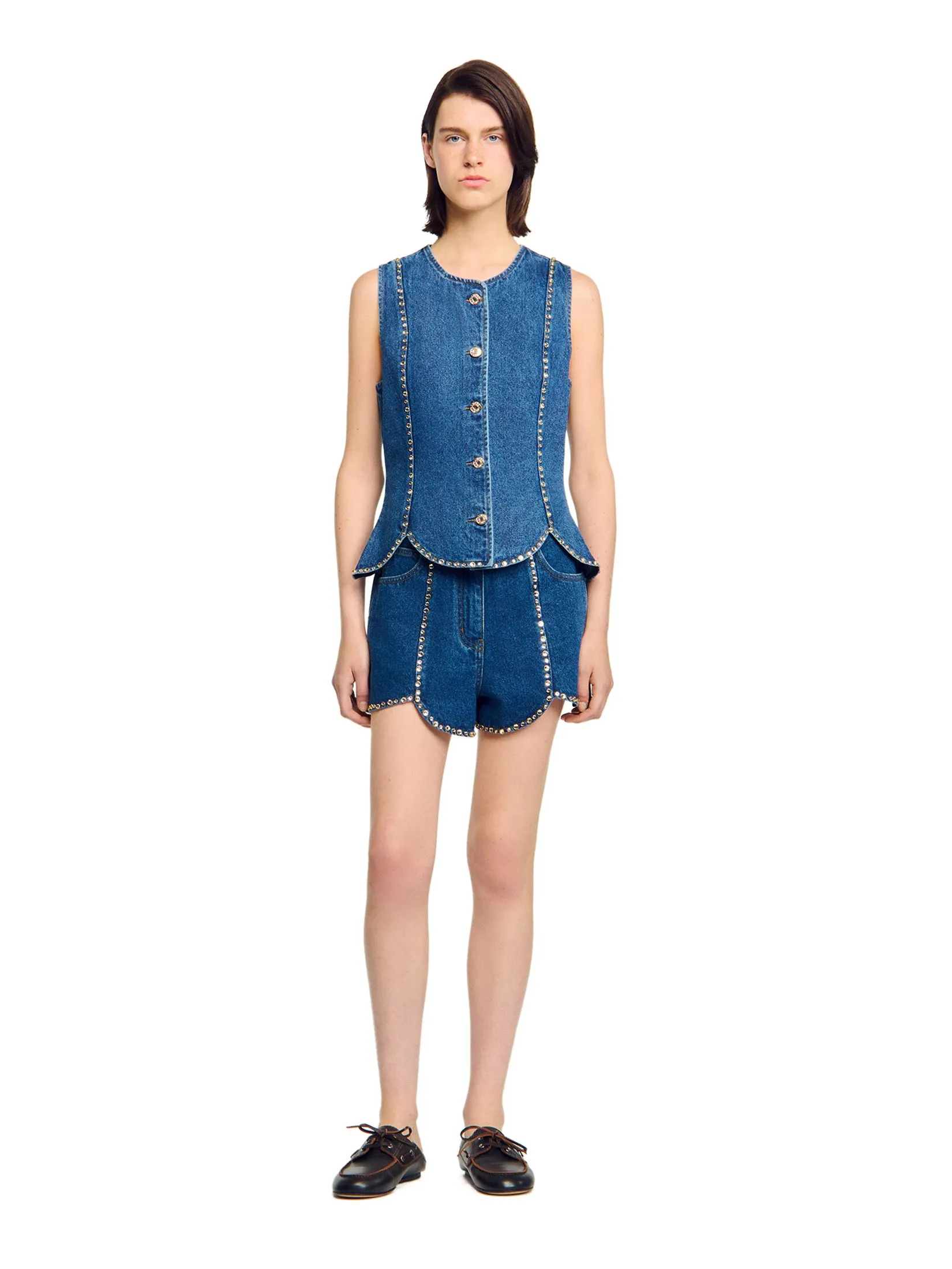SANDRO Rhinestone Denim Top