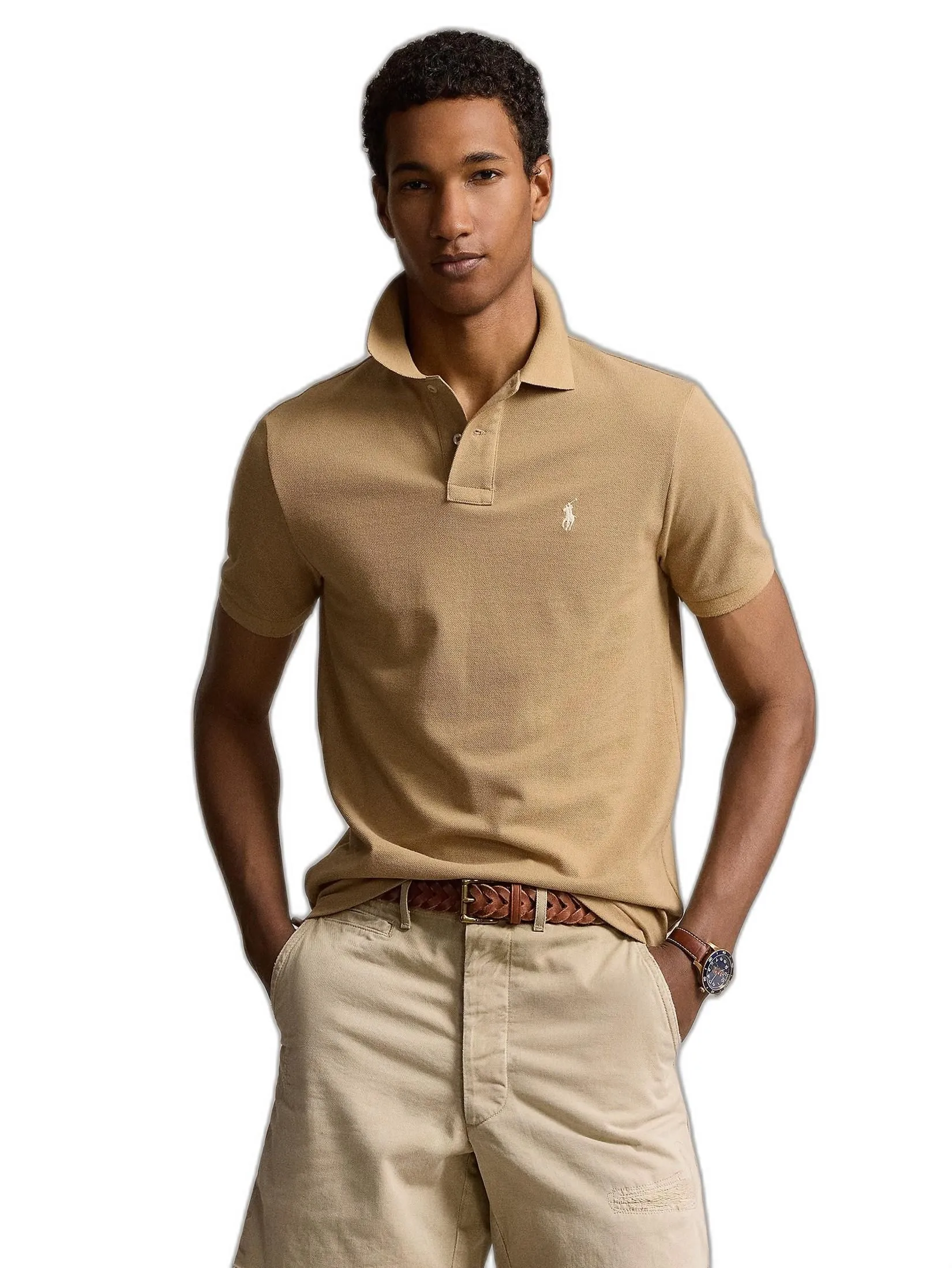 POLO RALPH LAUREN Men Polo-Custom Slim Fit Mesh Polo Shirt MNPOKNI1N822481-Medium Beige-260