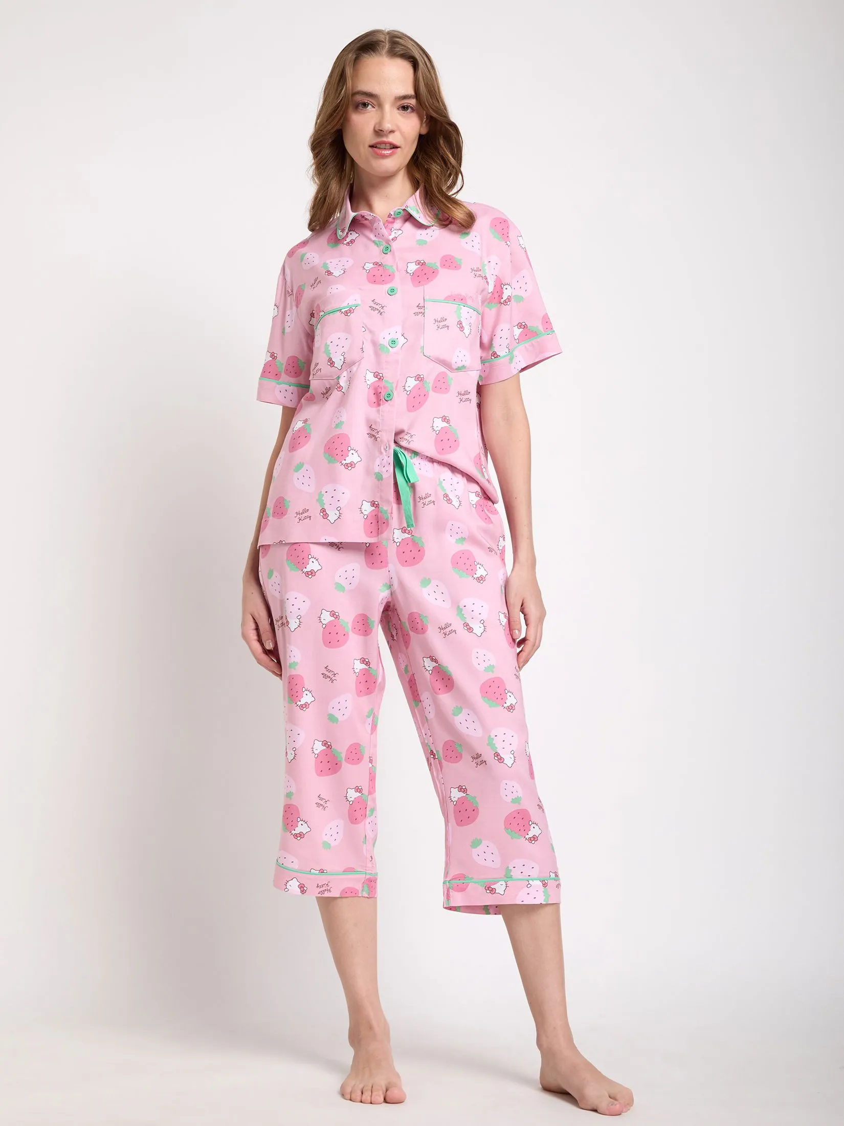 SANRIO Women Pyjamas Shirt Short Sleeves + Cropped Pants Strawberry Hello Kitty Pink