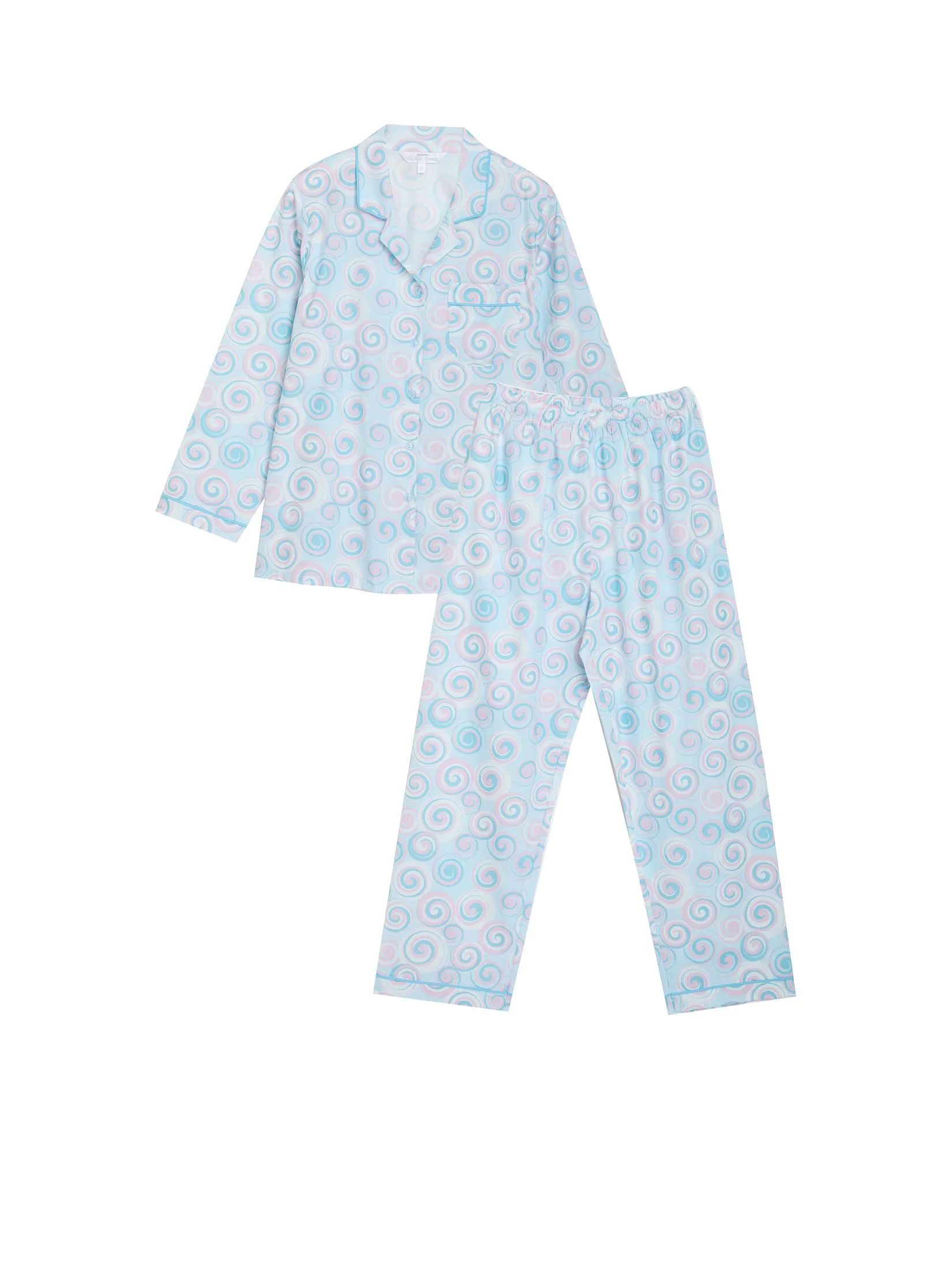 CLAUDIA'S ROMANCE Women Pyjamas Set Hawaiian Shirt Long Sleeves + Pants Light Blue