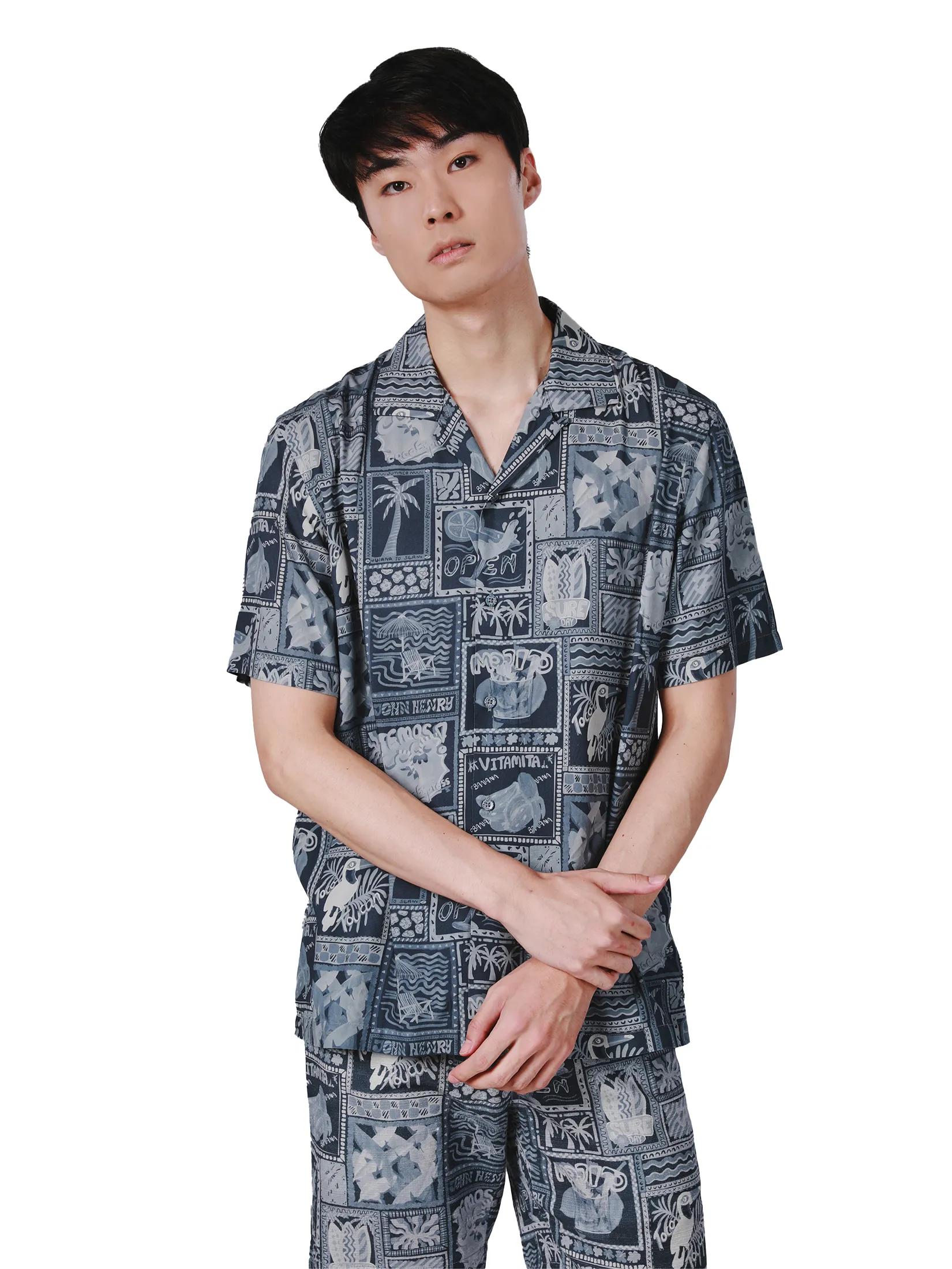 JOHN HENRY Men s Short Sleeves Hawaii Shirts (Relaxed Fit) SONGKRAN FESTIVAL Grey