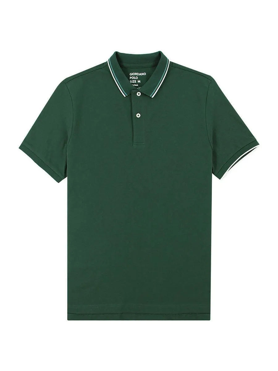 GIORDANO Men's Solid Cotton Lycra Short Sleeve Tapered Polo Sycamore Green