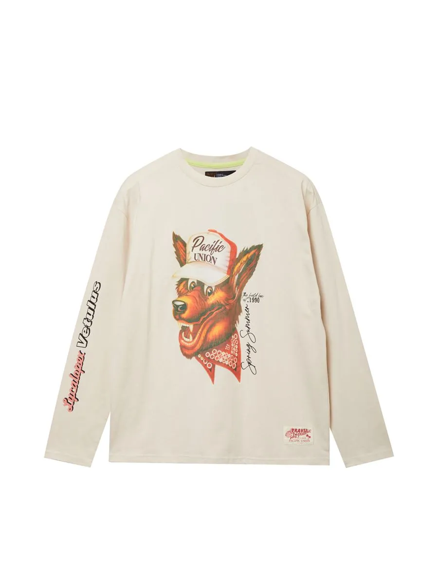PACIFIC UNION Man T-Shirt Lycalopex Vetulus Graphic Long-Sleeve Beige