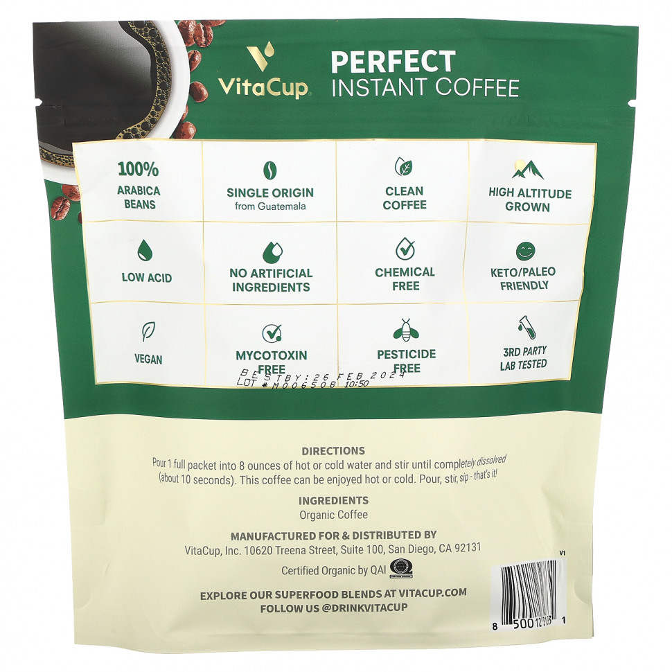 VitaCup, Perfect Instant Coffee, темная обжарка, 24 палочки для еды, по 2,5 г (0,09 унции)
