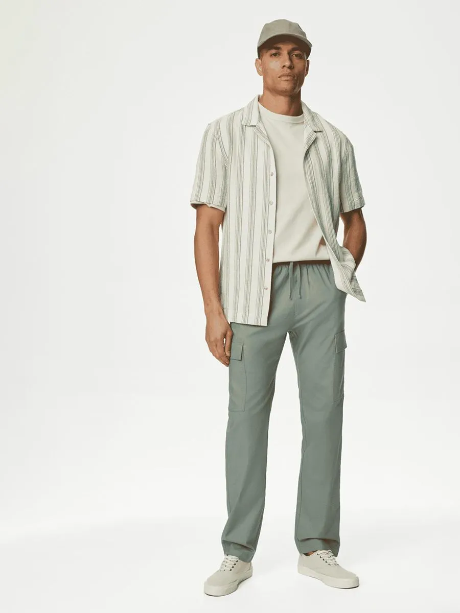 MARKS & SPENCER Men Cargo Trousers Linen Rich Elasticated Waist B8_Sage
