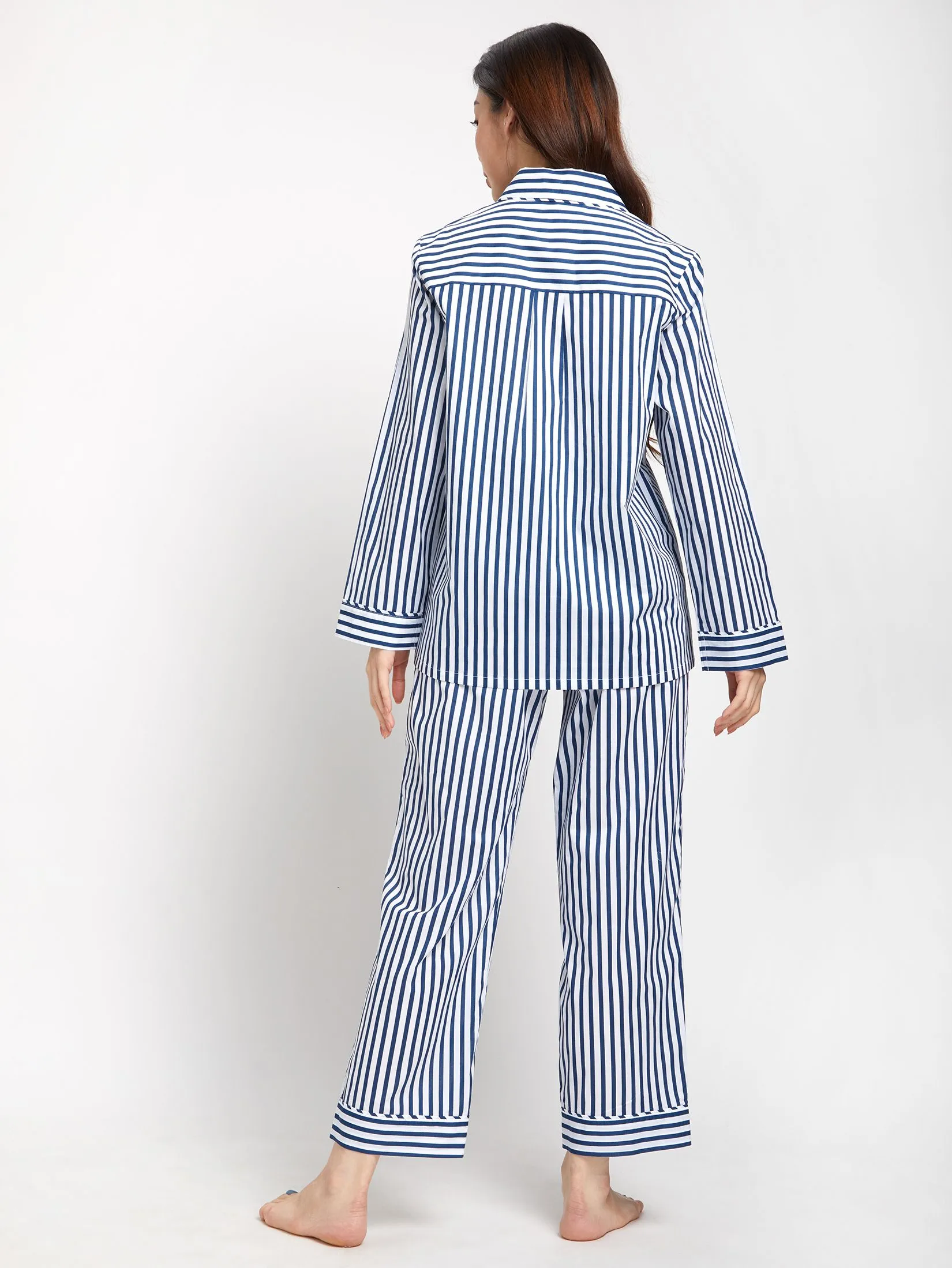 CLAUDIA'S ROMANCE Women Pyjamas Shirt Long Sleeves Collar + Pants Striped Print Multi-Color