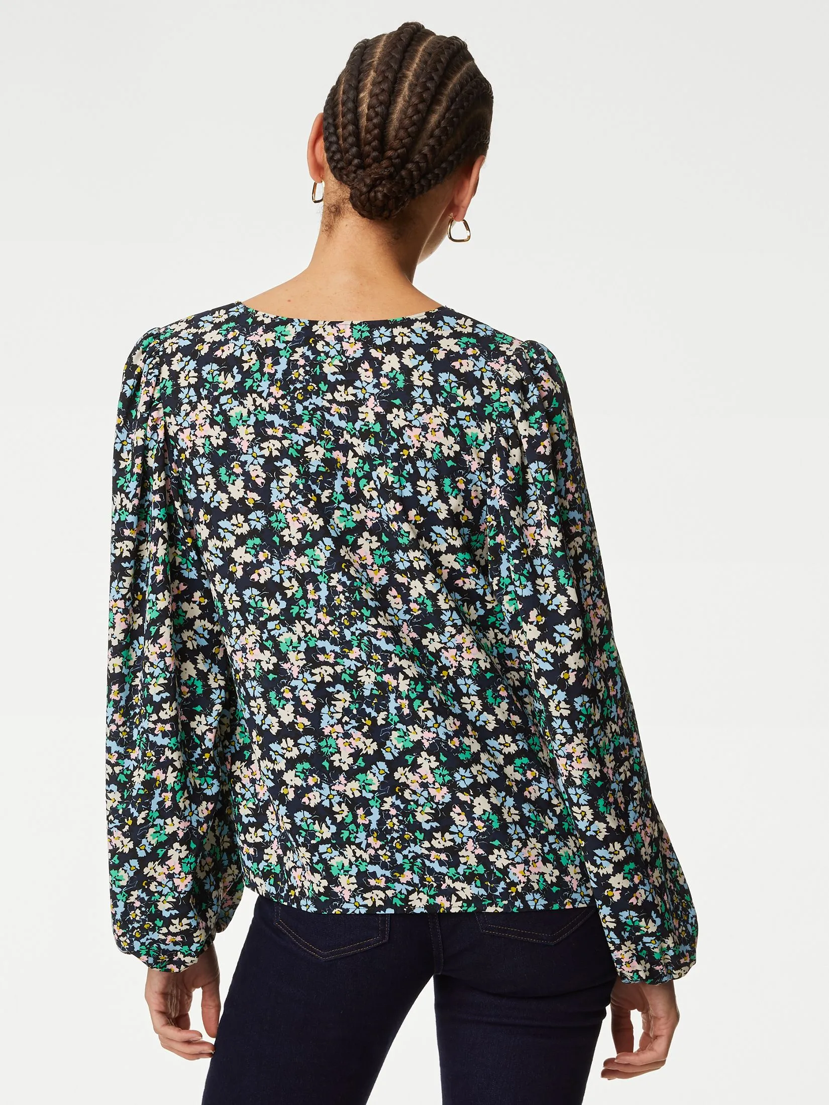 MARKS & SPENCER Women Blouse Floral V-Neck Button Detail Blue Mix