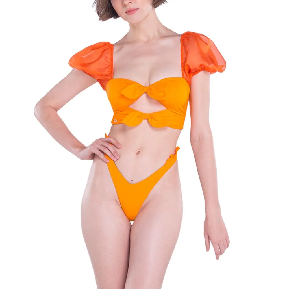 ANGELYS BALEK ORANGE PUFF SHOULDER CUTOUT BANDEAU & BRAZILIANN RUFFLE BRIEF WOMEN SWIMSUIT
