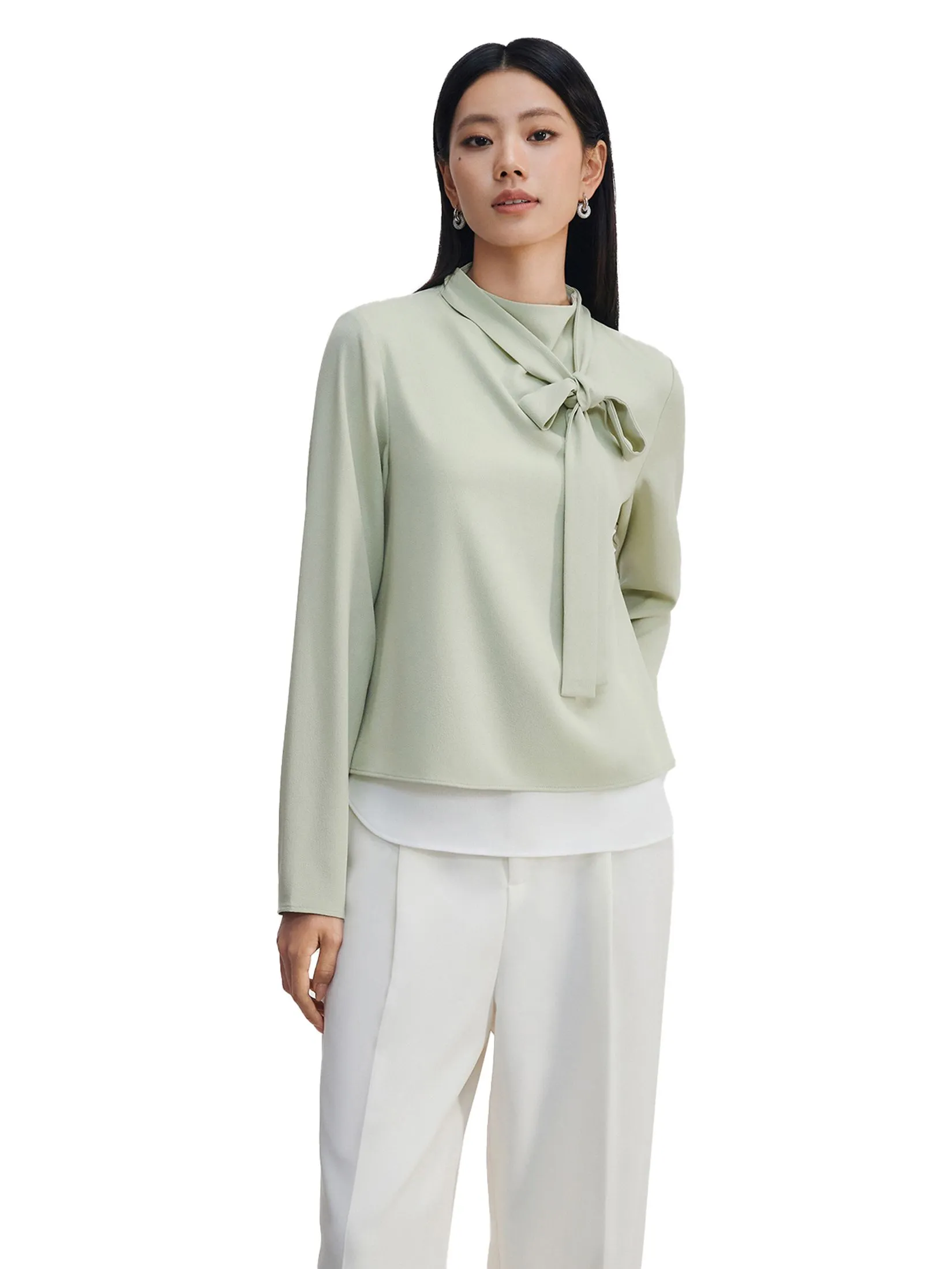 G2000 Women Clothing Crepe Colour Block Stand Long Sleeve Collar Blouse Regular Fit - Green