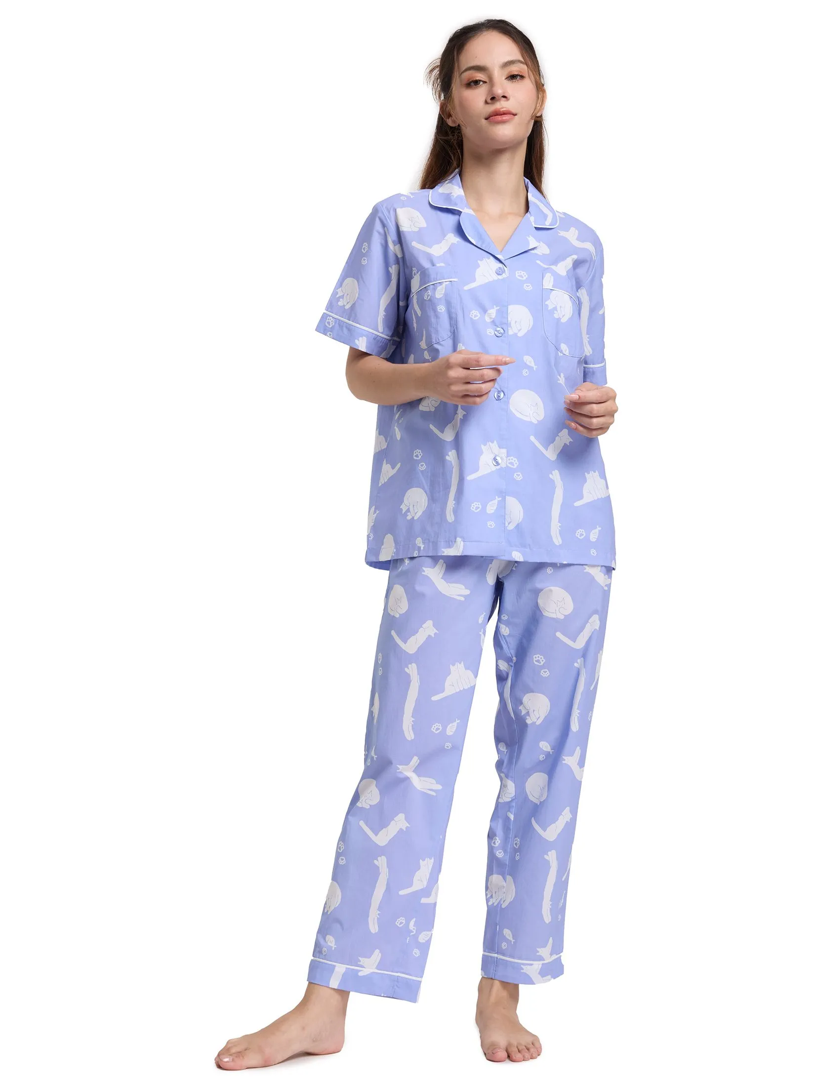 FOF Women Pyjamas Shirt Short Sleeves Collar Neck + Pants Print Purple