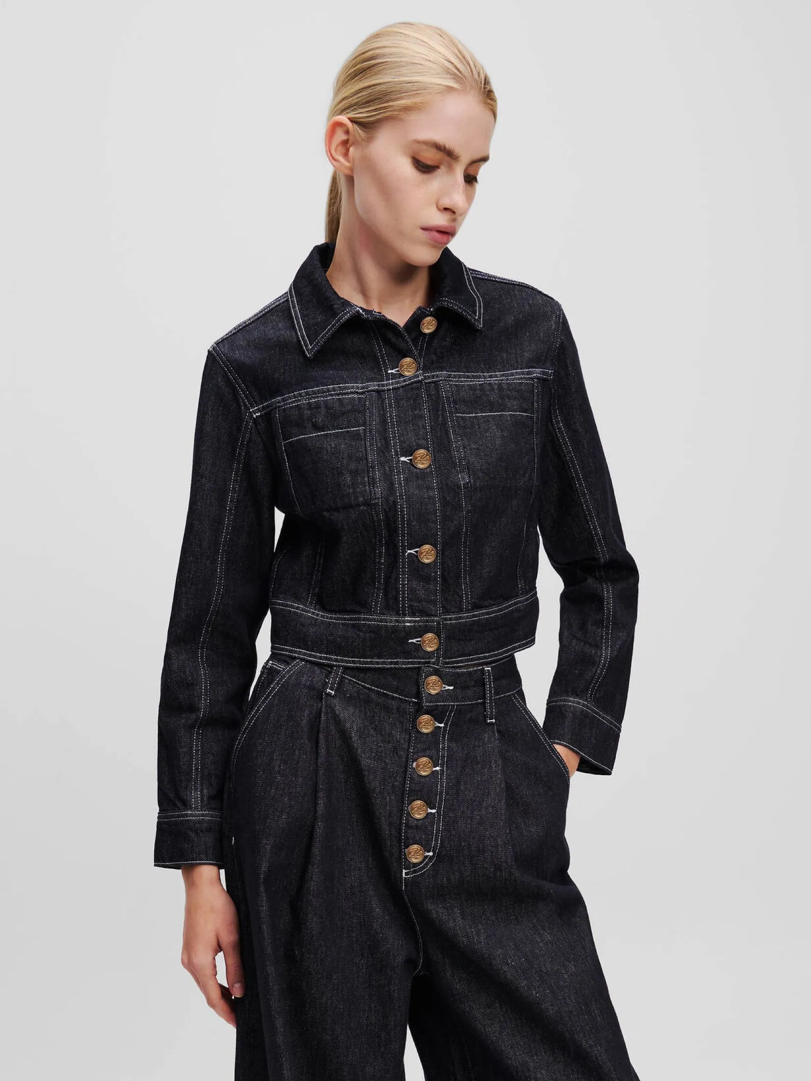 KARL LAGERFELD RTW-1 BUTTON DENIM JACKET DARK BLUE DENIM