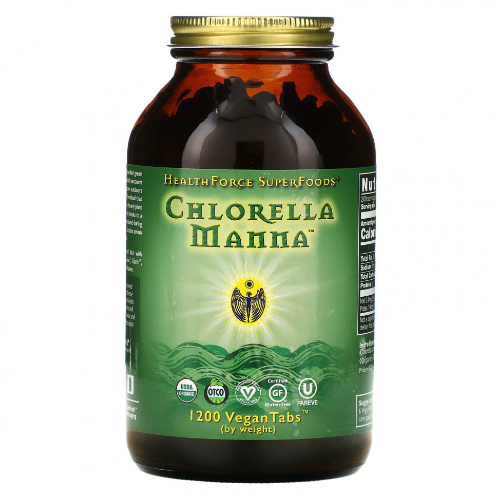 HealthForce Superfoods, Chlorella Manna, добавка с хлореллой, 1200 веганских таблеток - HFC-00065-1200 шт.