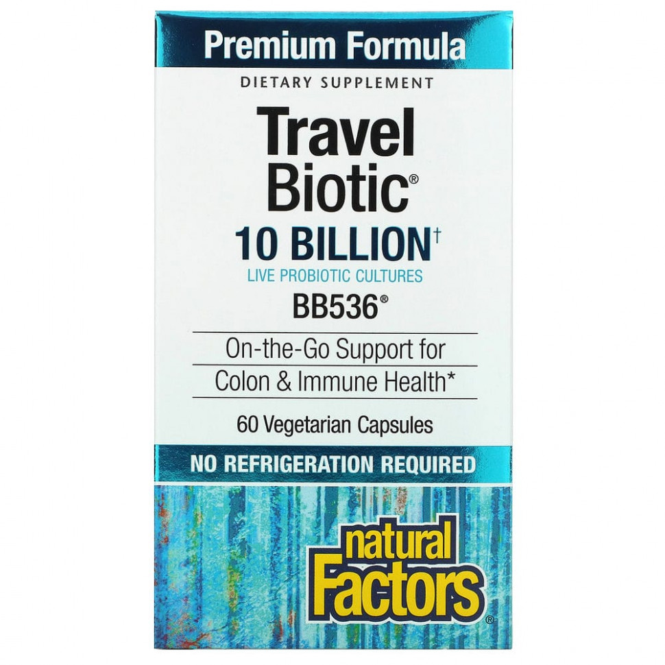 Natural Factors, Travel Biotic, BB536, 10 млрд жизнеспособных клеток, 60 растительных капсул
