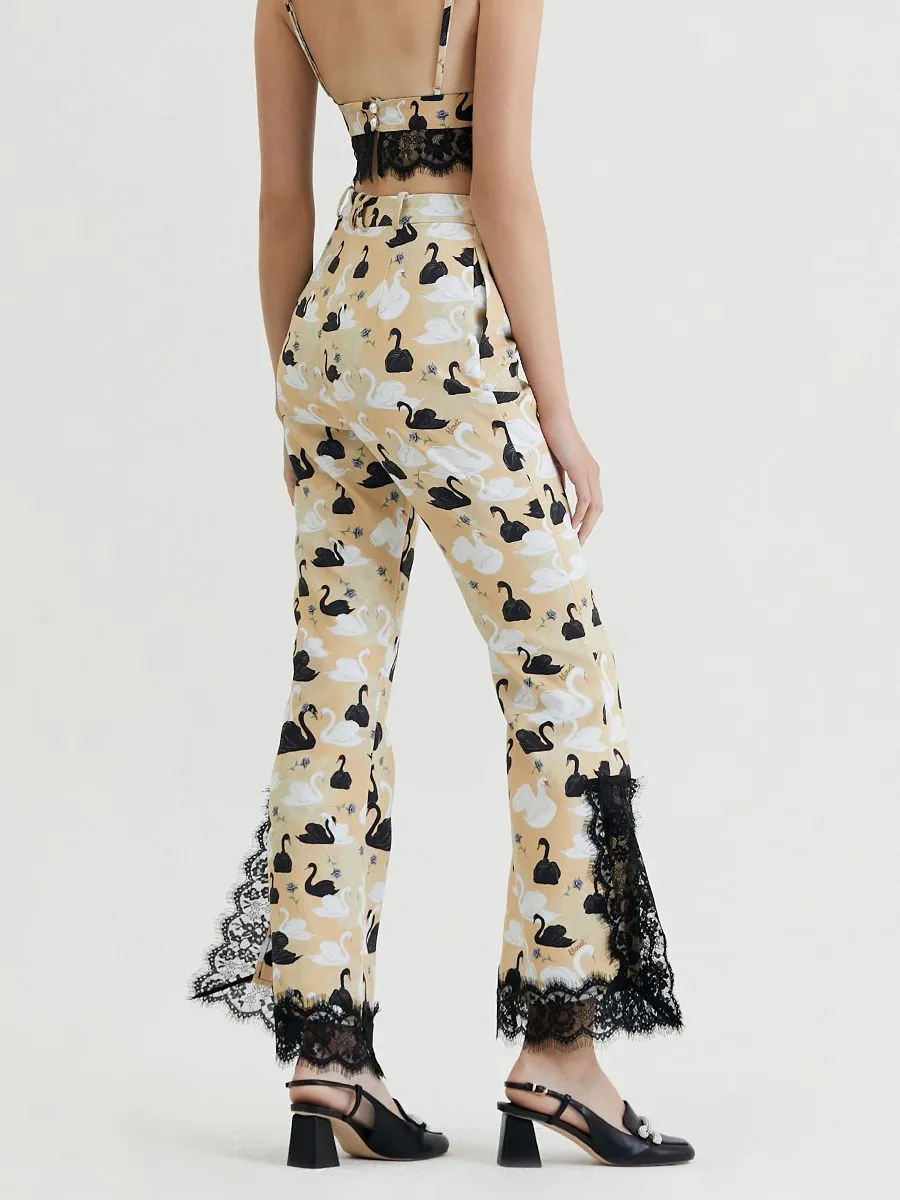 KLOSET (RS24) Swan Print With Lace Pants Beige